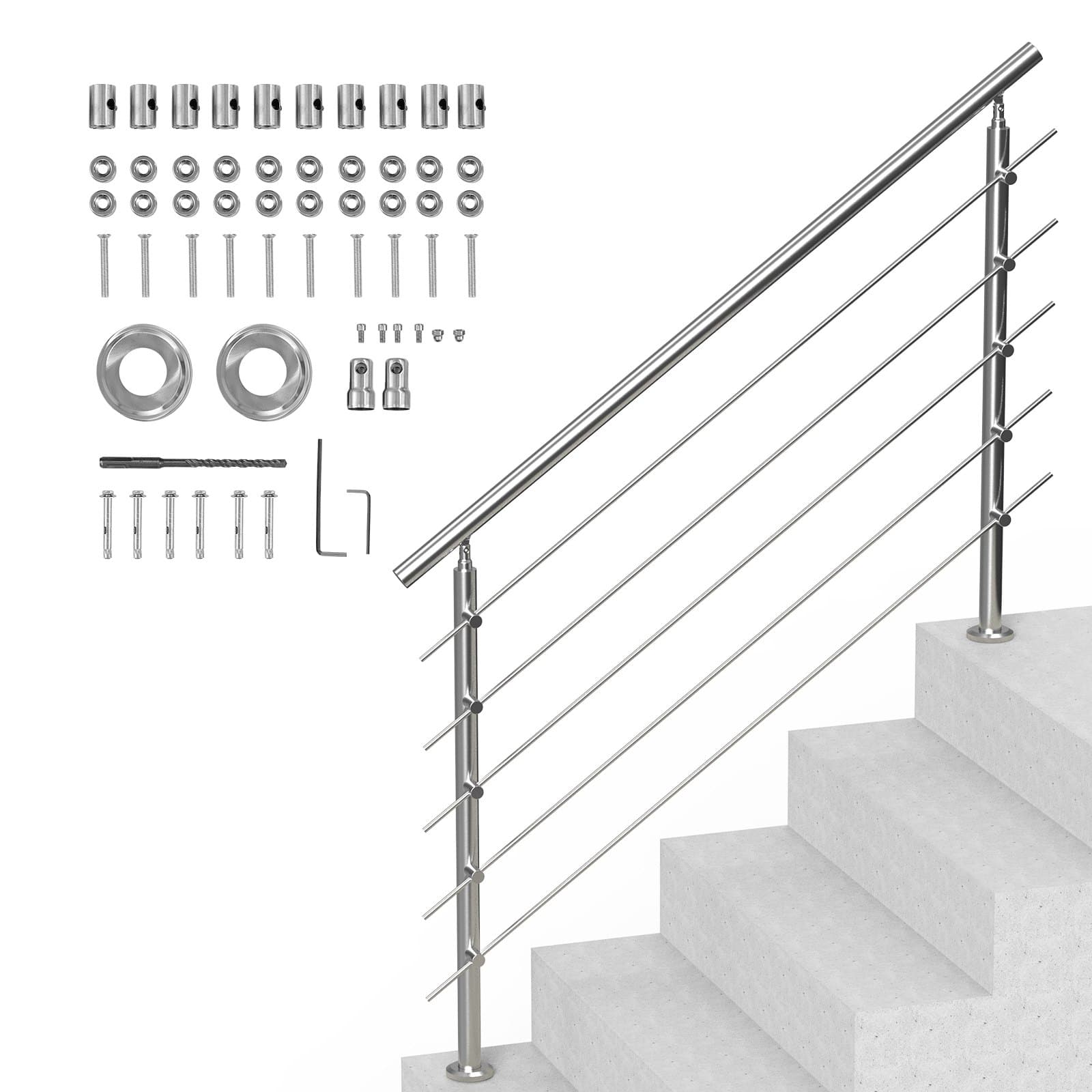 Corrimano per scale esterne, 150 cm, 5 barre, acciaio inox