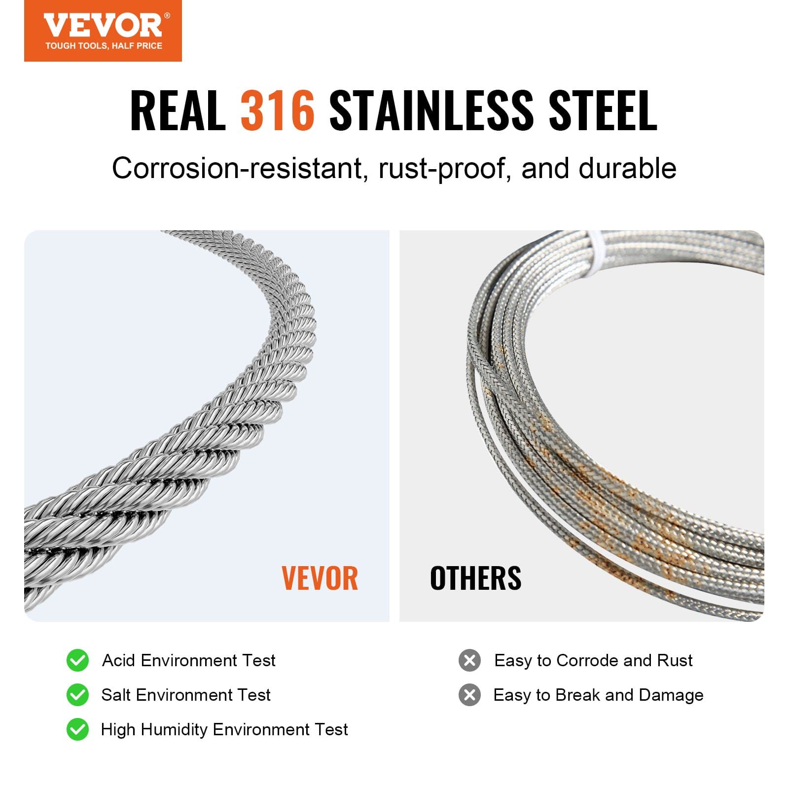 Kit de cable de acero inoxidable 3,18 mm x 305 m, 316, con cortacables y guantes