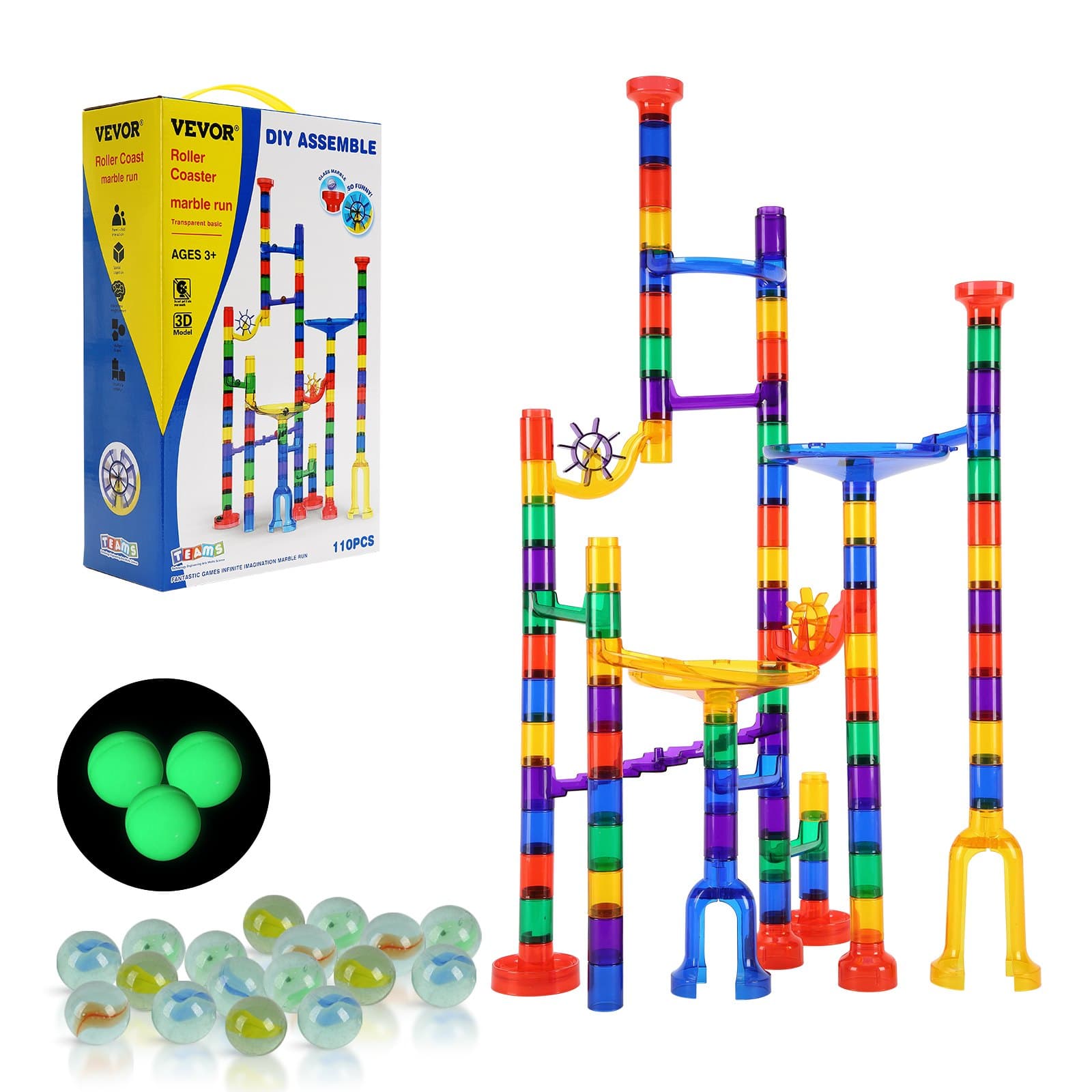 Set de circuit de billes 110 pièces, 10 billes lumineuses et 20 billes en verre