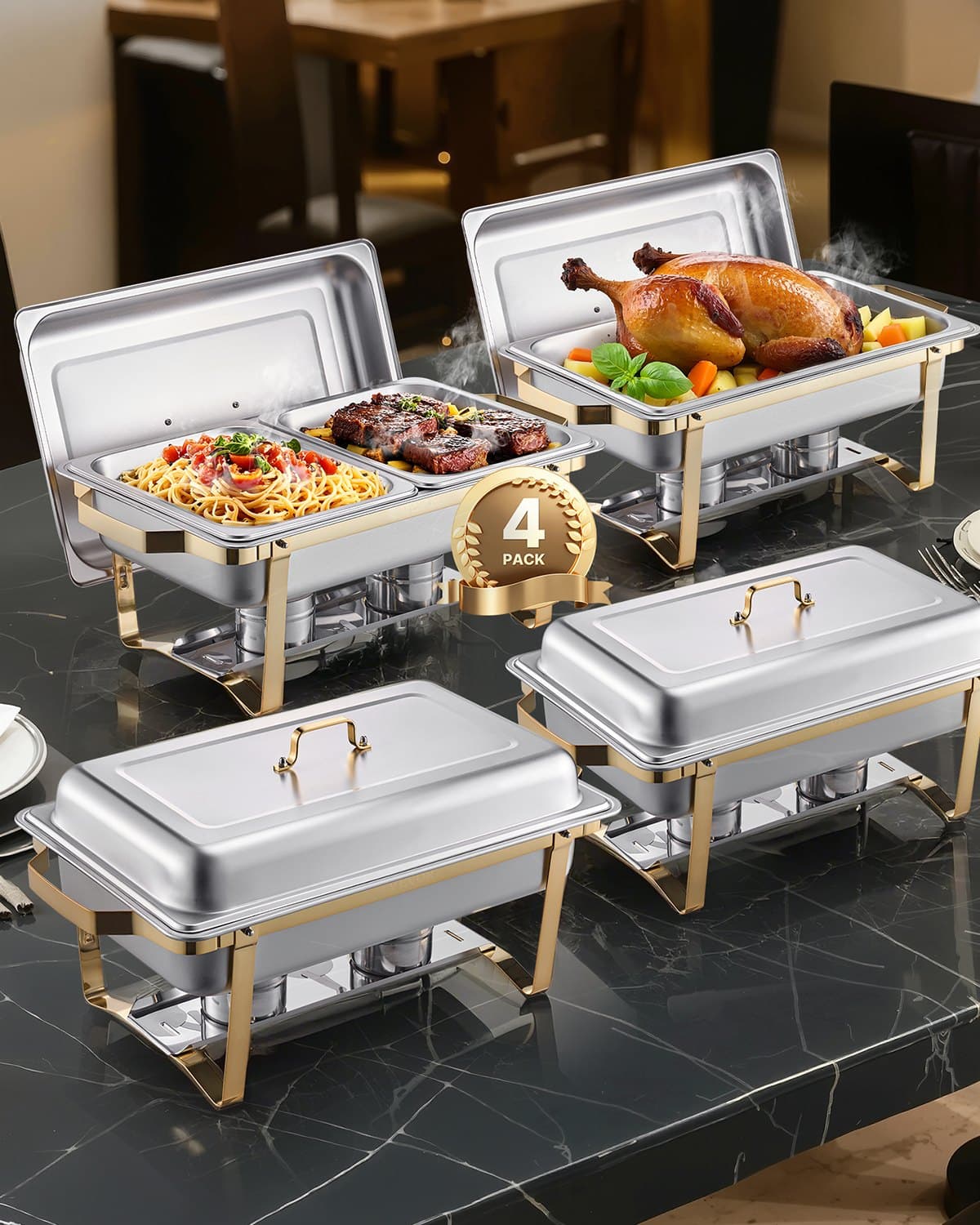Chafing Dish Set Stainless Steel, 2 Pans 7.5 L + 4 Pans 4 L, Gold
