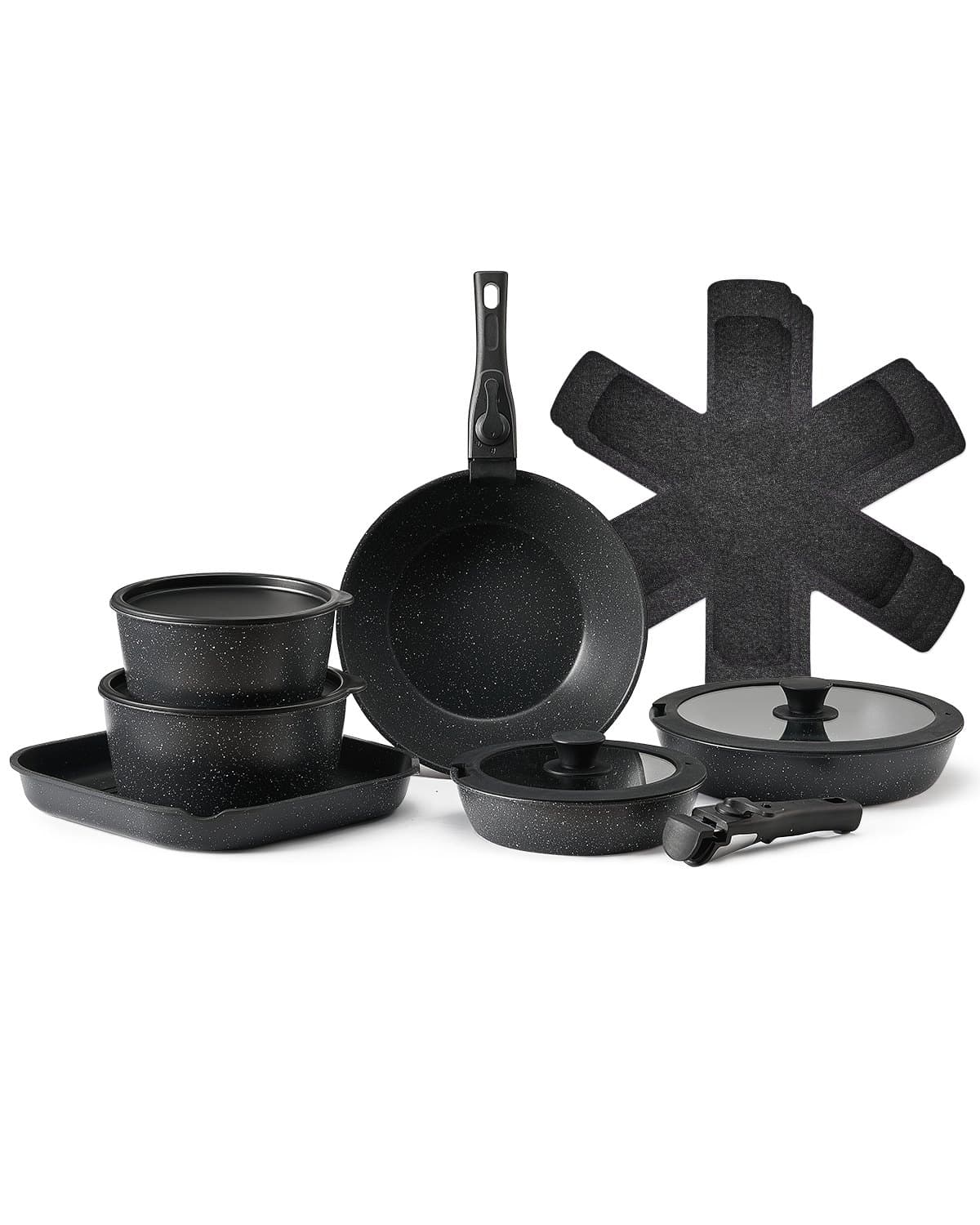 Induction Pots and Pans Set, 17-Piece, with Glass Lids, Black
