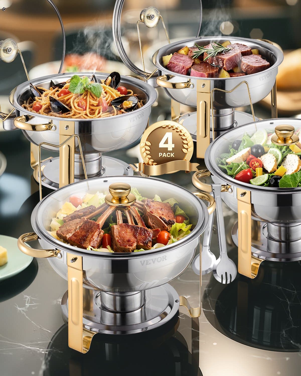 Chafing Dish Calientaplatos Buffet con 4 Bandejas Tamaño Completo, 4,7 L, Oro
