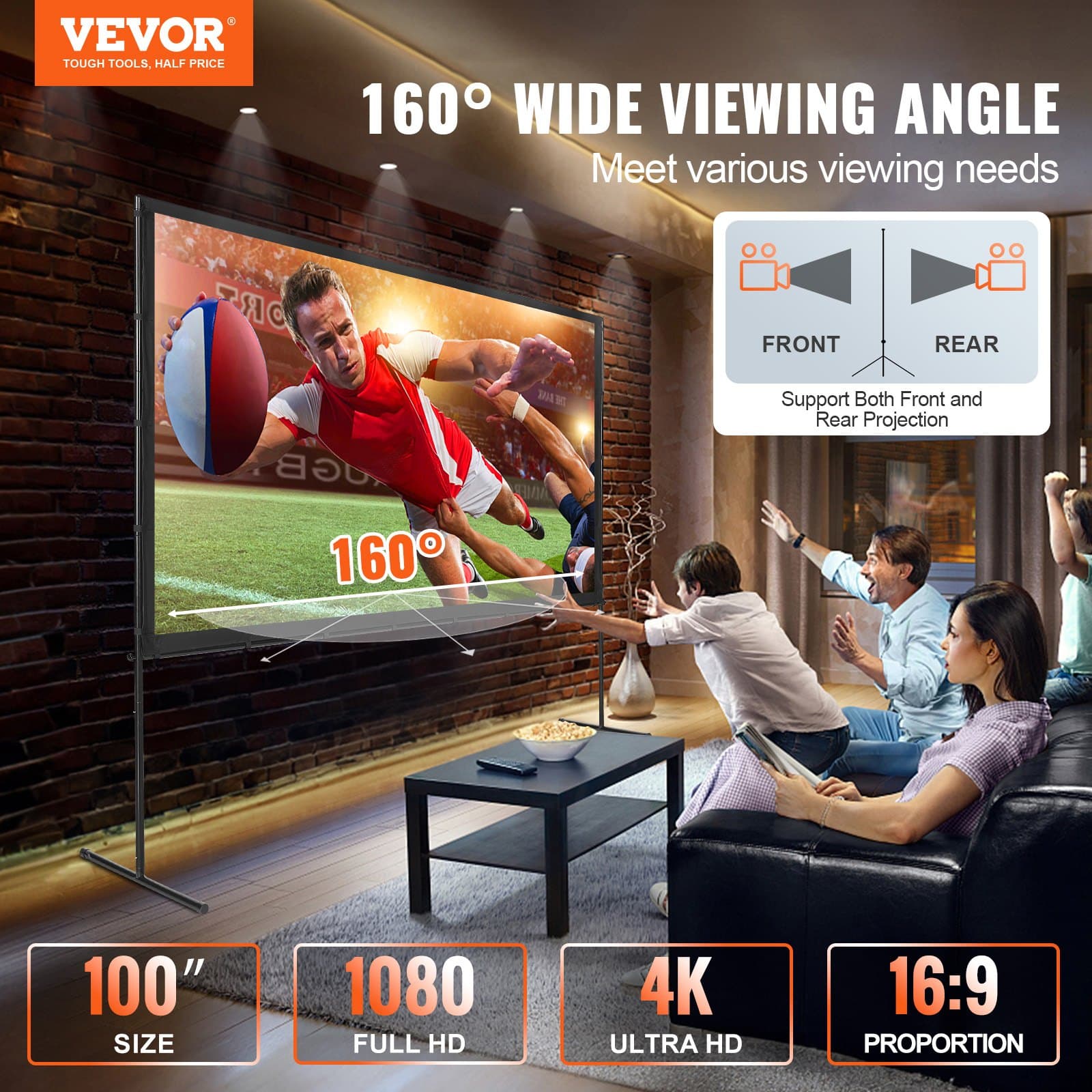 Écran de projection pliable avec support, 254 cm