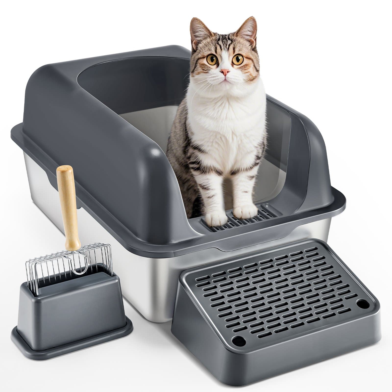 XL Edelstahl Katzentoilette mit Schaufel und hohem Rand