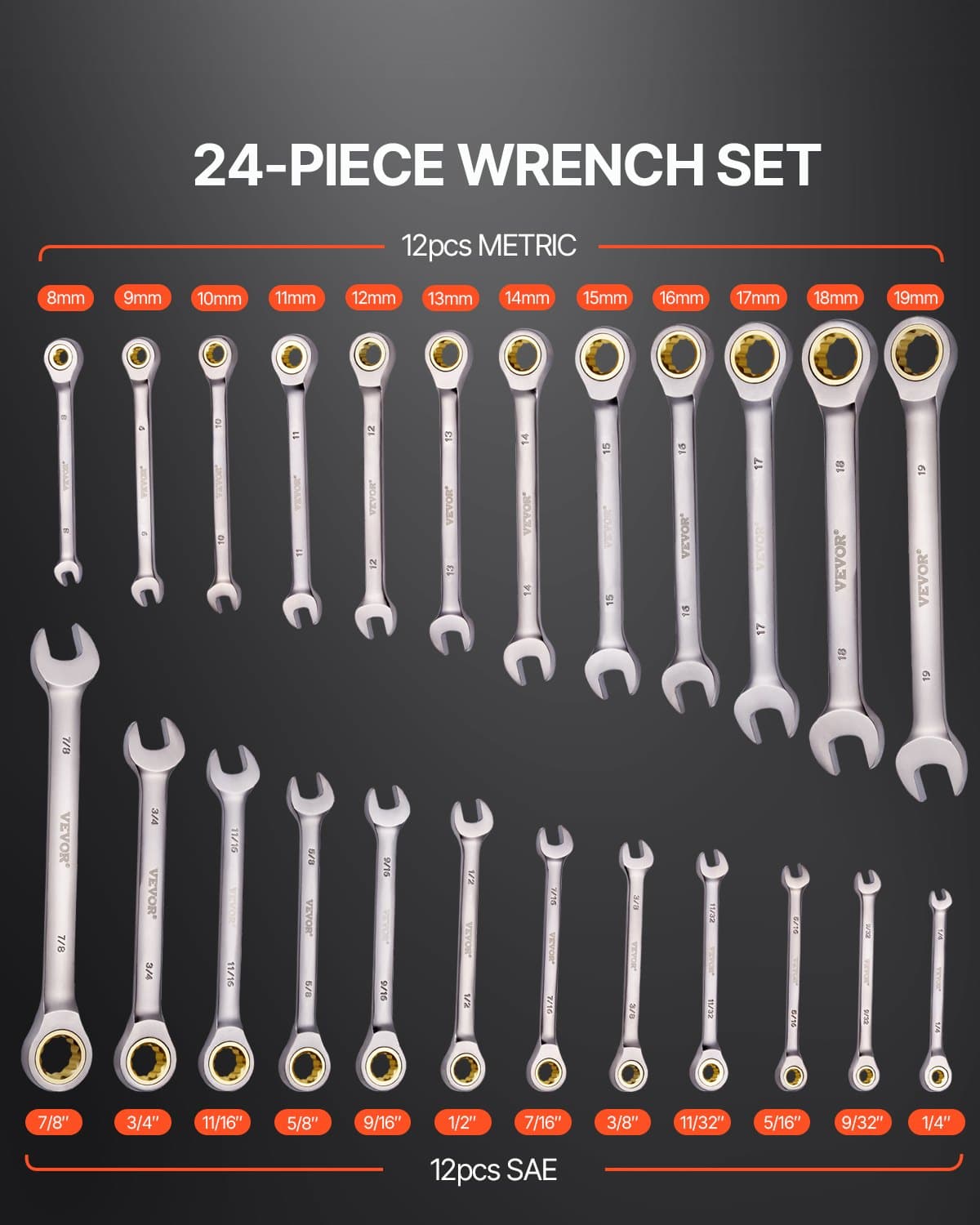 24-Piece Ratchet Wrench Set, Cr-V Steel, Metric and SAE