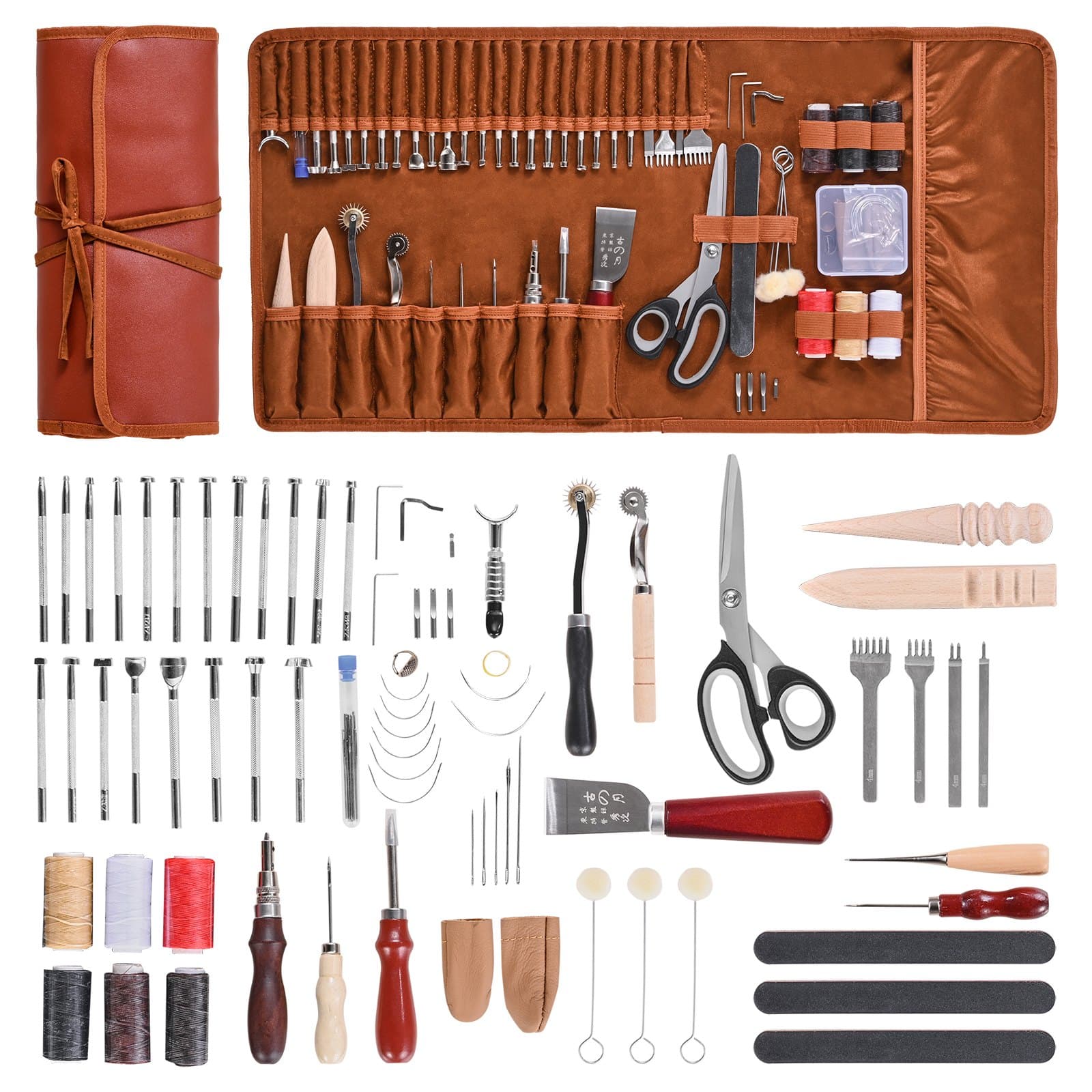 Set da 72 utensili per lavorare il cuoio con borsa in tela