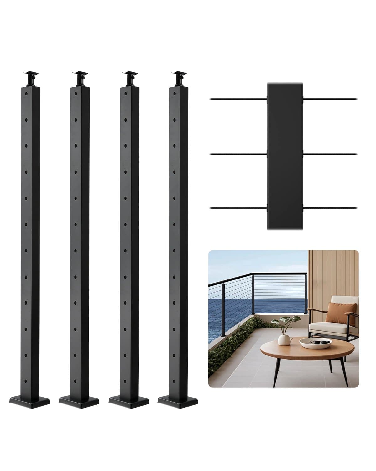 4er-Set Kabelgeländerpfosten, 106,7x3x5 cm, SUS304, Schwarz