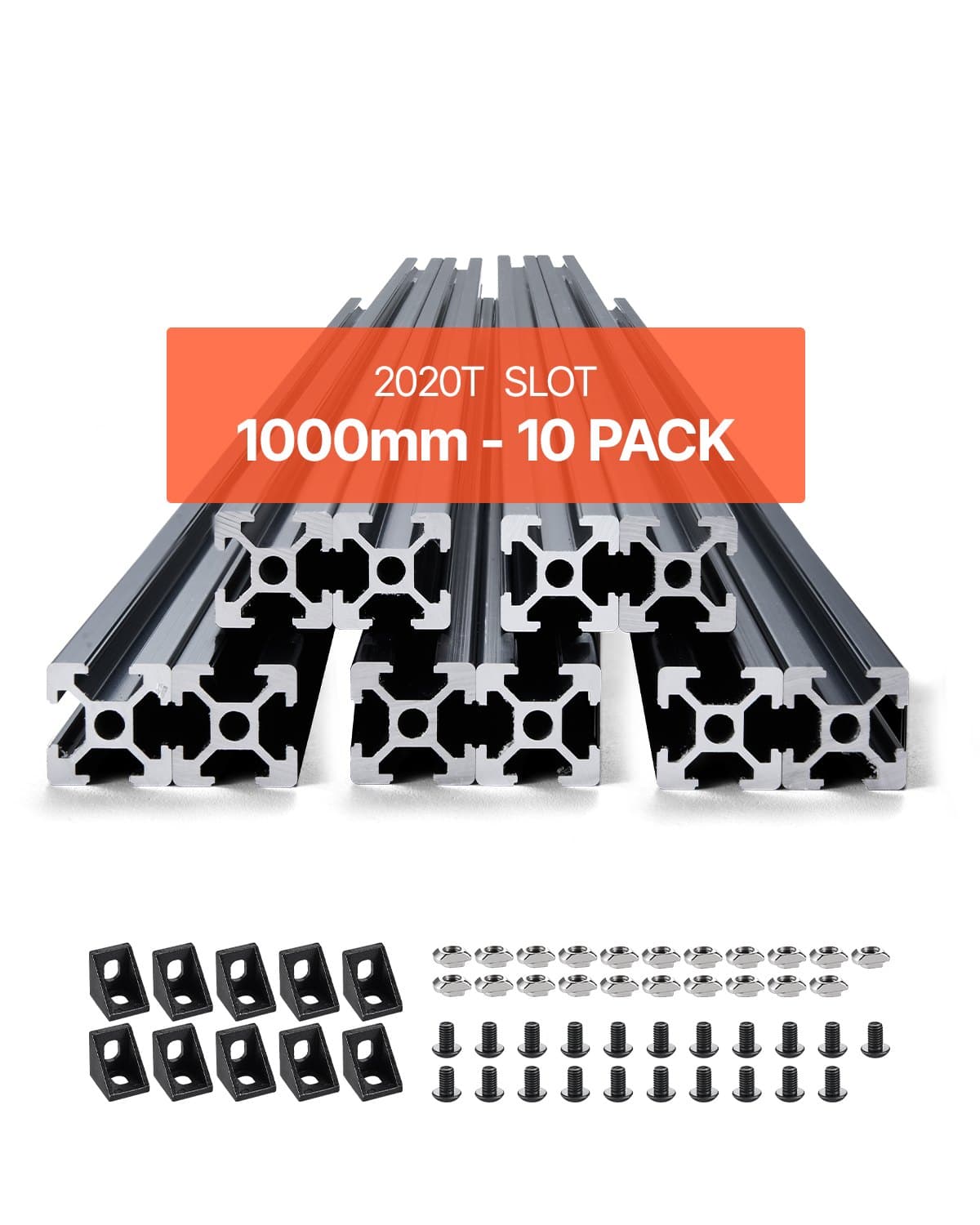 10er Set Aluprofil 1000 mm T-Nut 2020, eloxiert, schwarz