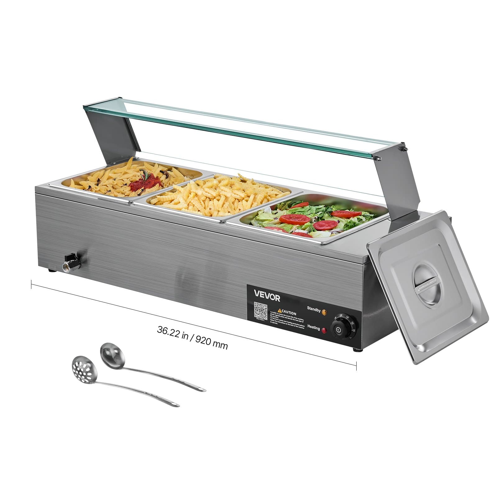 Electric food warmer in stainless steel with glass cover