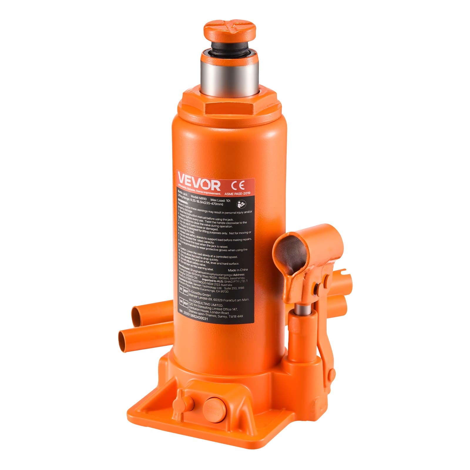 Gato hidráulico de botella 10 t, elevación 235–470 mm, naranja