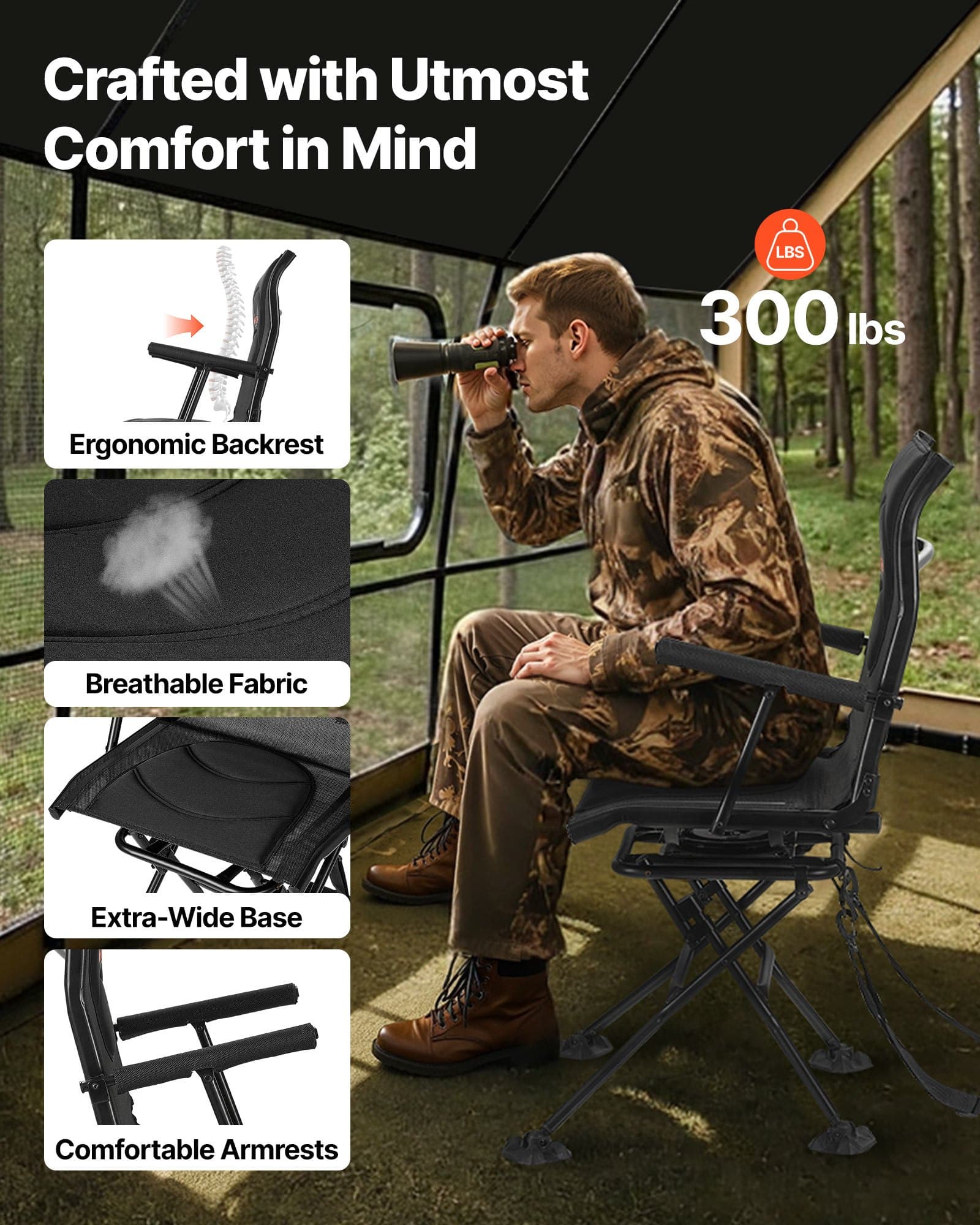 Silla plegable de camping con reposabrazos y correa, 136 kg