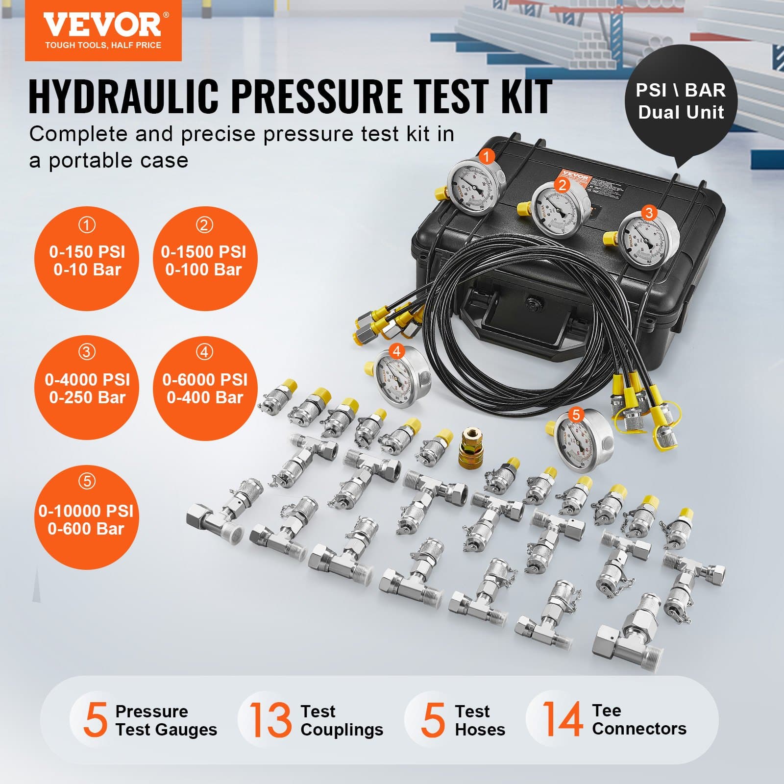 Kit de prueba de presión hidráulica, 10/100/250/400/600 bar, 5 manómetros
