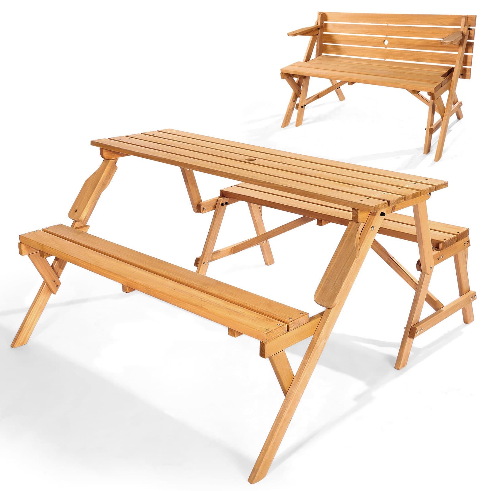 Mesa de picnic 2 en 1 de madera, plegable, con agujero parasol