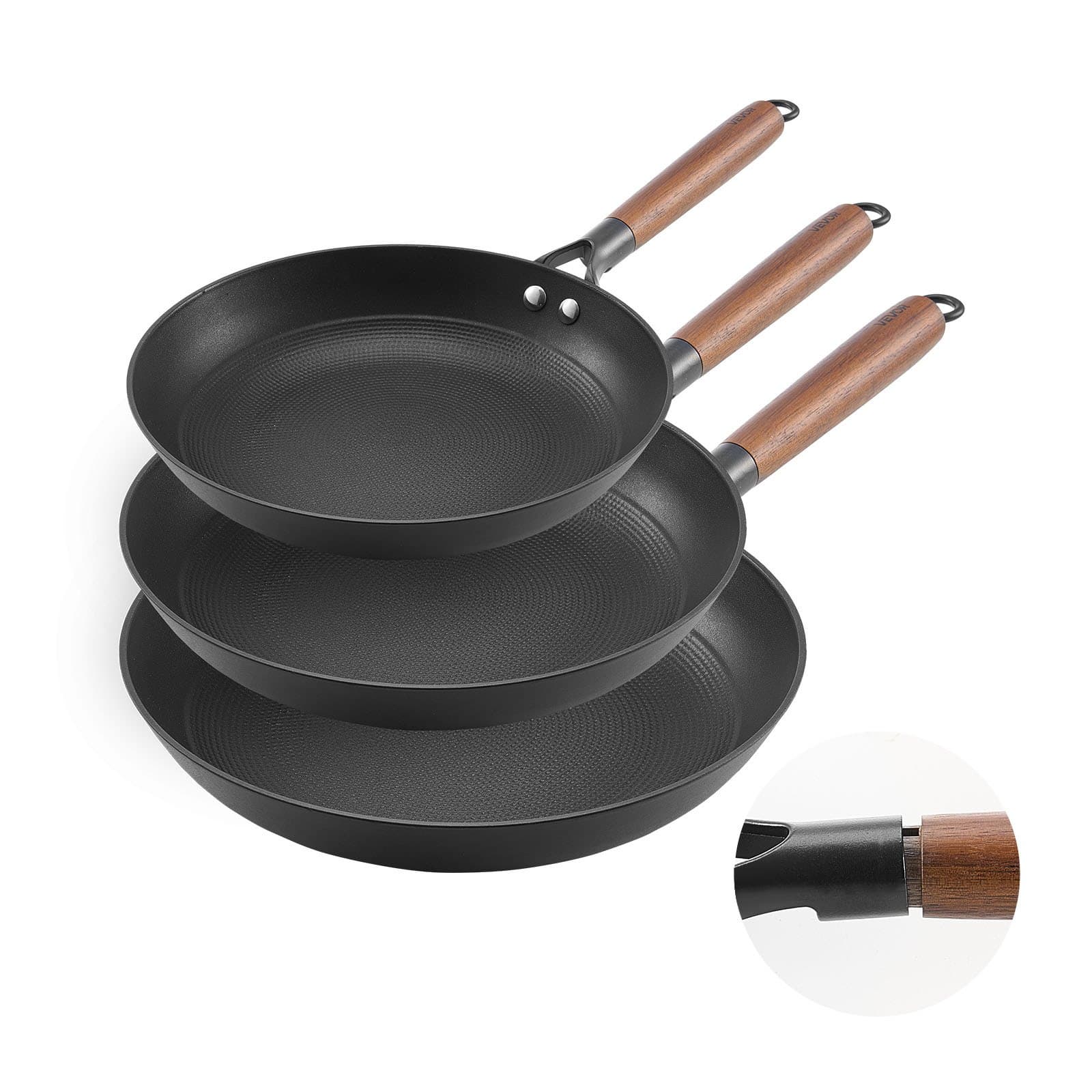 Cast Iron Frying Pan Set 205/265/310 mm with Removable Wooden Handle
