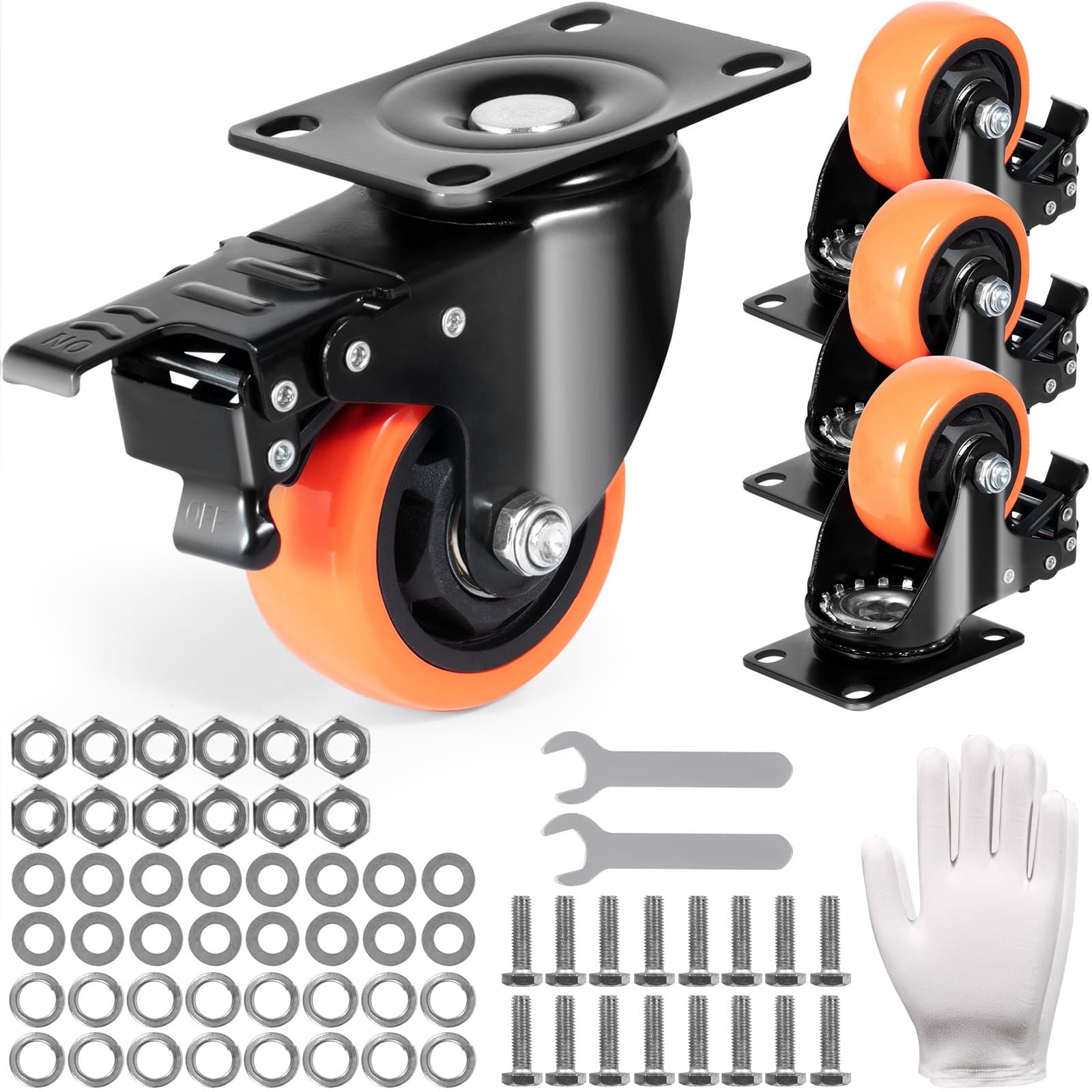 Möbelrollen 4er-Set Lenkrollen PVC 76,2 mm 454 kg mit A/B-Bremsen