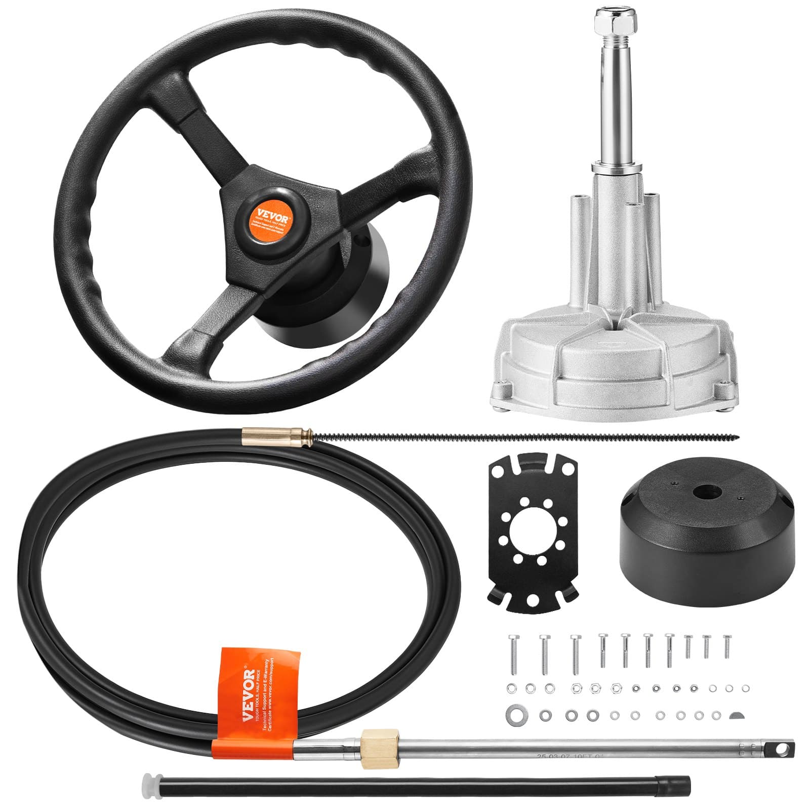 Kit de sistema de dirección fueraborda, cable de dirección de barco de 14 pies, eje cónico estándar de 3/4 de pulgada, volante de 13,5 pulgadas, dirección marina de aluminio