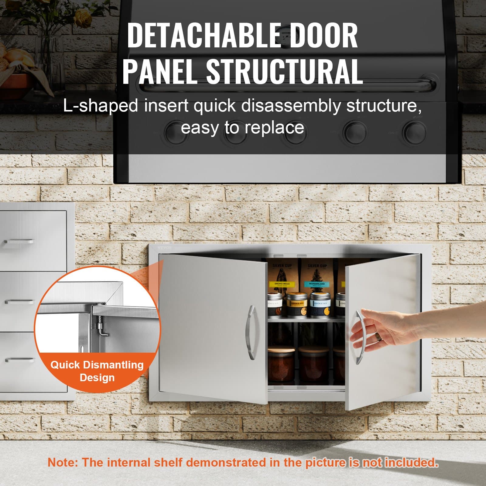 Porta di accesso per grill, 863 X 482 X 46 Mm, Doppia porta cucina esterna, Porta in acciaio inossidabile montata a filo, Porta a parete verticale Mi