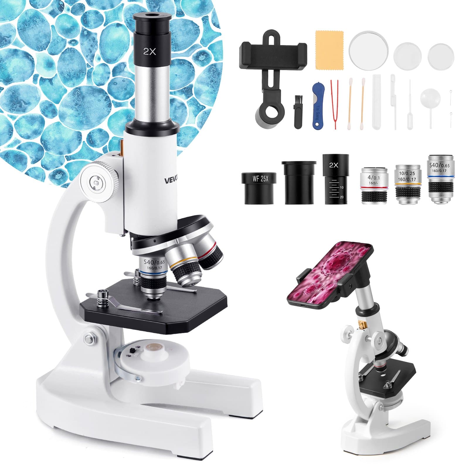 Microscope monoculaire 40X-2000X avec LED et support téléphone