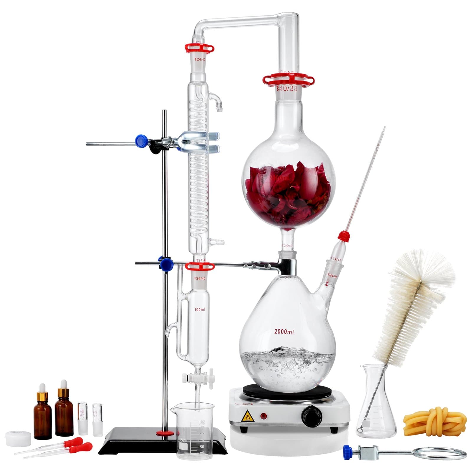 Destillationsset Für Ätherische Öle, 2000-ml-Destillationsgerät, 3,3-Boro-Laborglas-Destillationsset Mit 1000-W-Heizplat