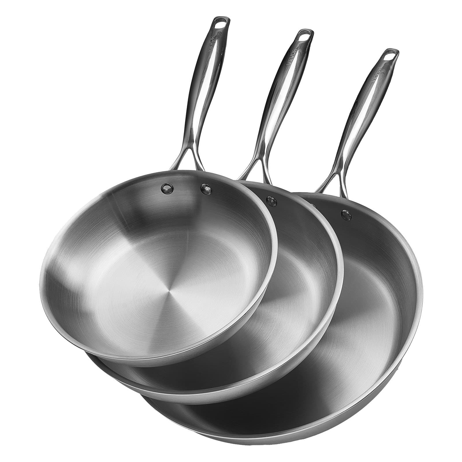 Set de 3 poêles à frire, 24/28/32 cm, acier inoxydable