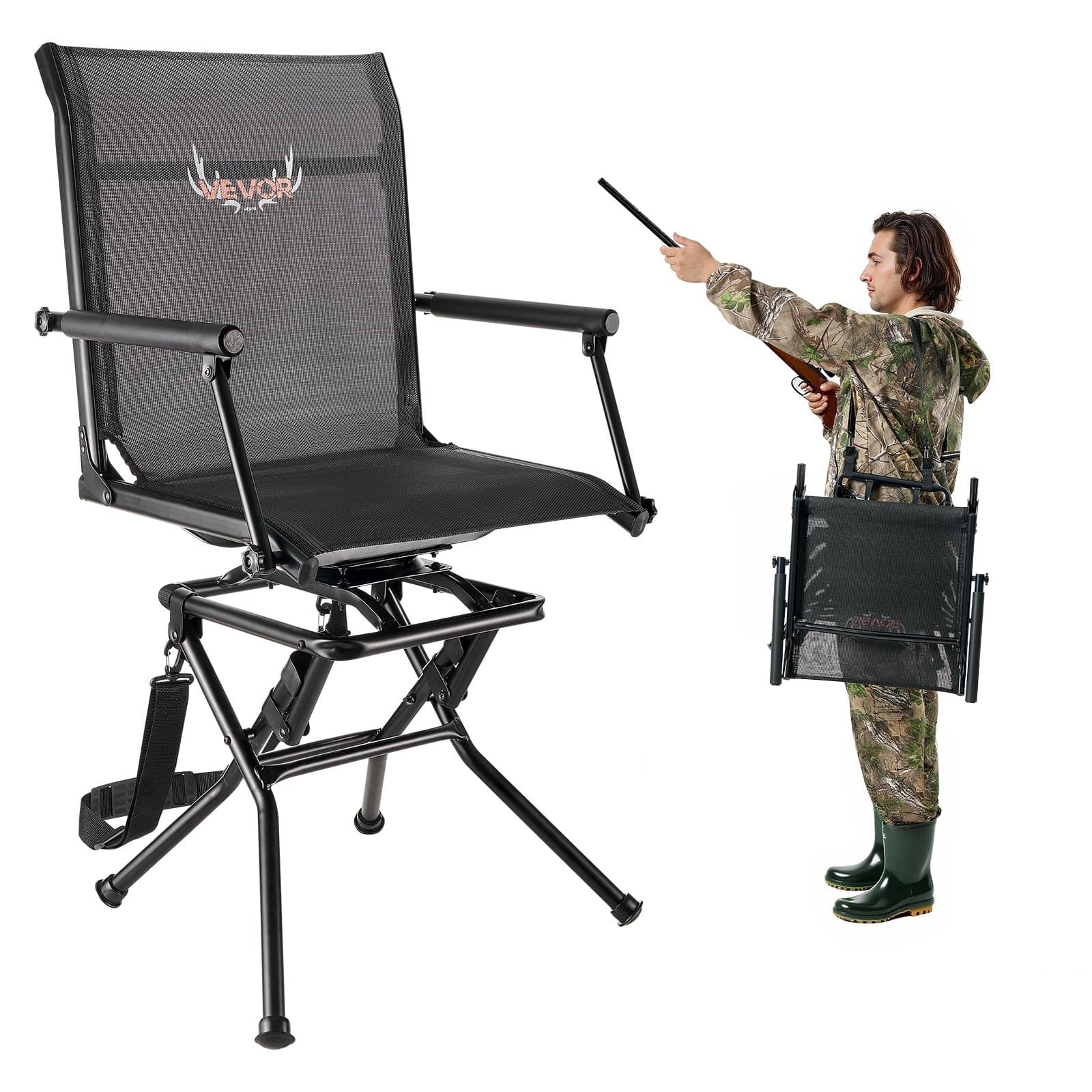 Chaise pliante pivotante avec accoudoirs et sangle