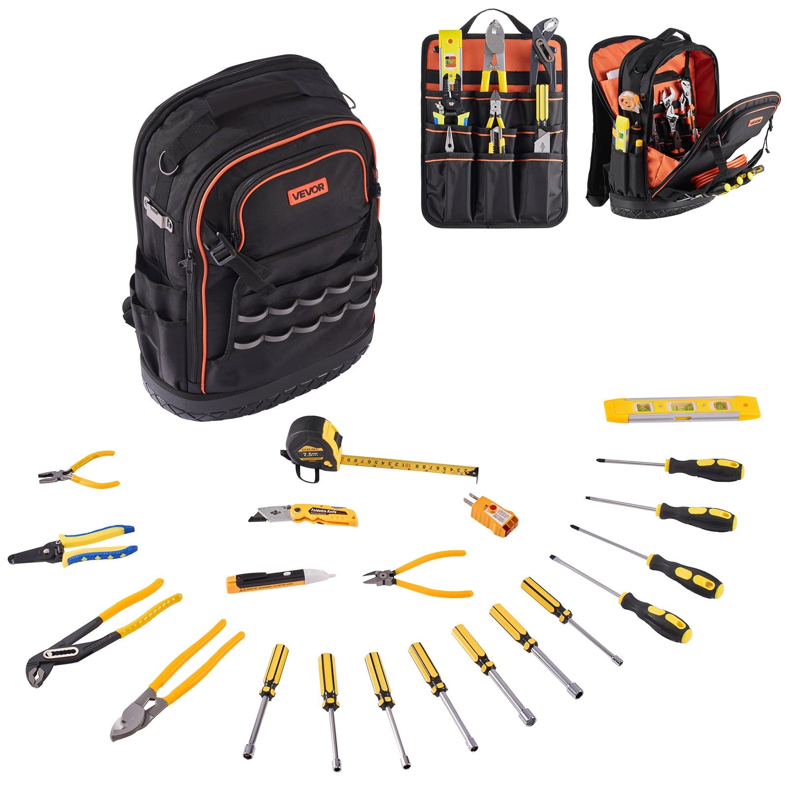 Werkzeugrucksack mit 65 Taschen und 21-teiligem Set