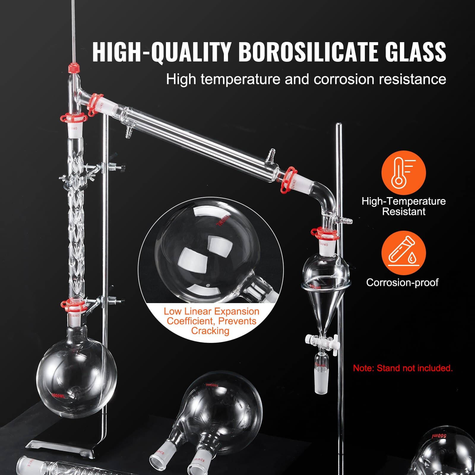 Labor-Destillationsset, 3,3-Boro-Laborglas-Destillationsset Mit 24- Und 40-Verbindungen, 1000-ml-Destillationsgeräte-Set