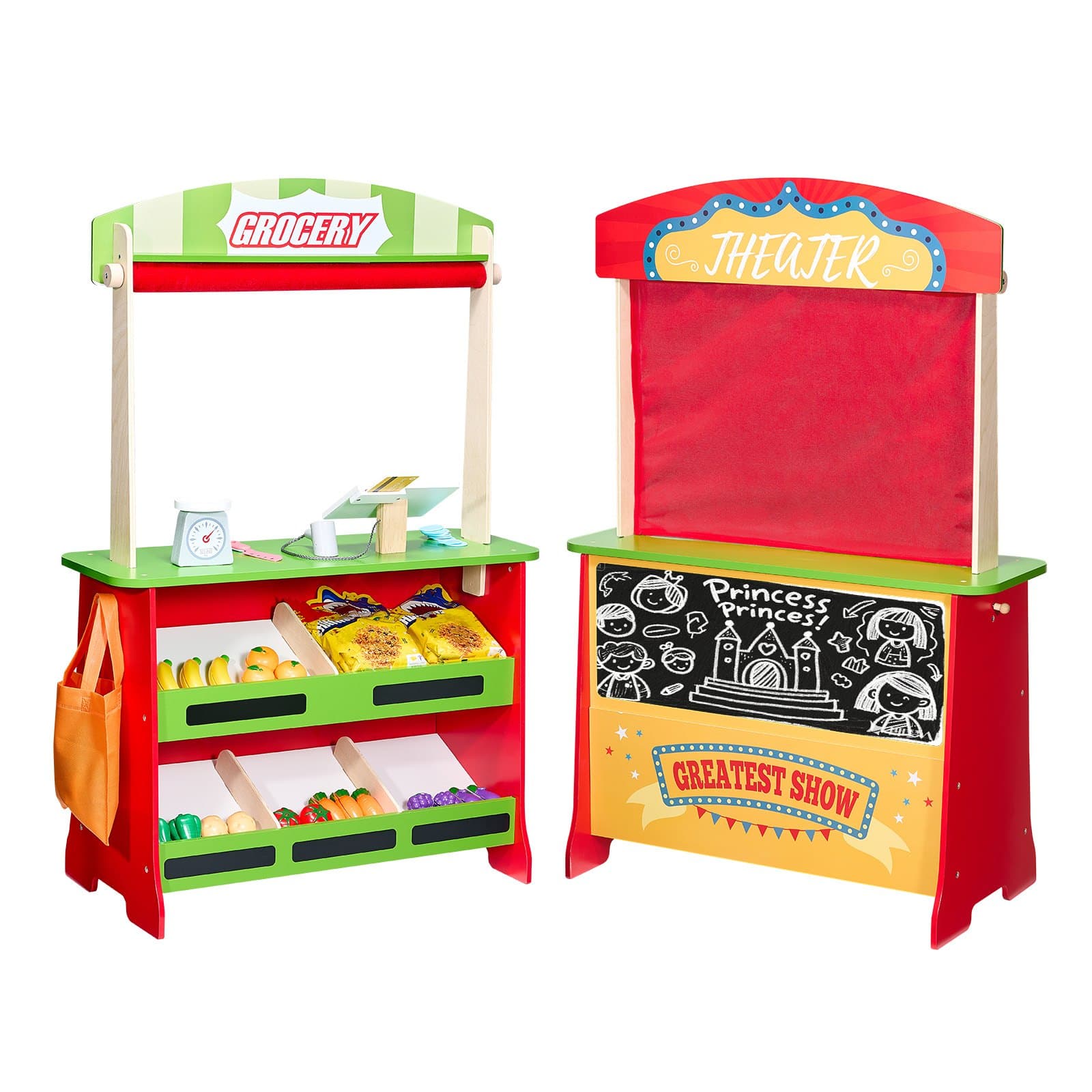 Set en bois 2-en-1 théâtre de marionnettes & épicerie