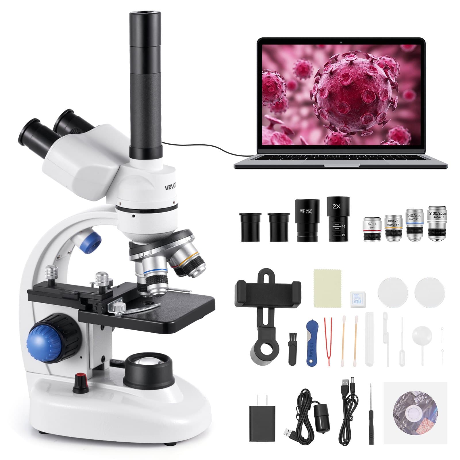 Microscope trinoculaire 40X-5000X avec éclairage LED et support téléphone