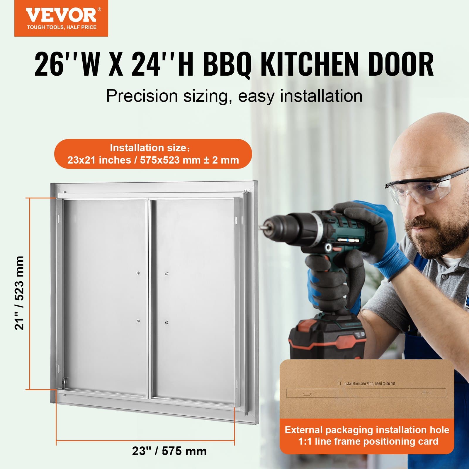 Porta di accesso per grill, 660 x 609 mm, doppia porta per cucina esterna, porta in acciaio inossidabile montata a filo, porta a parete verticale con maniglia