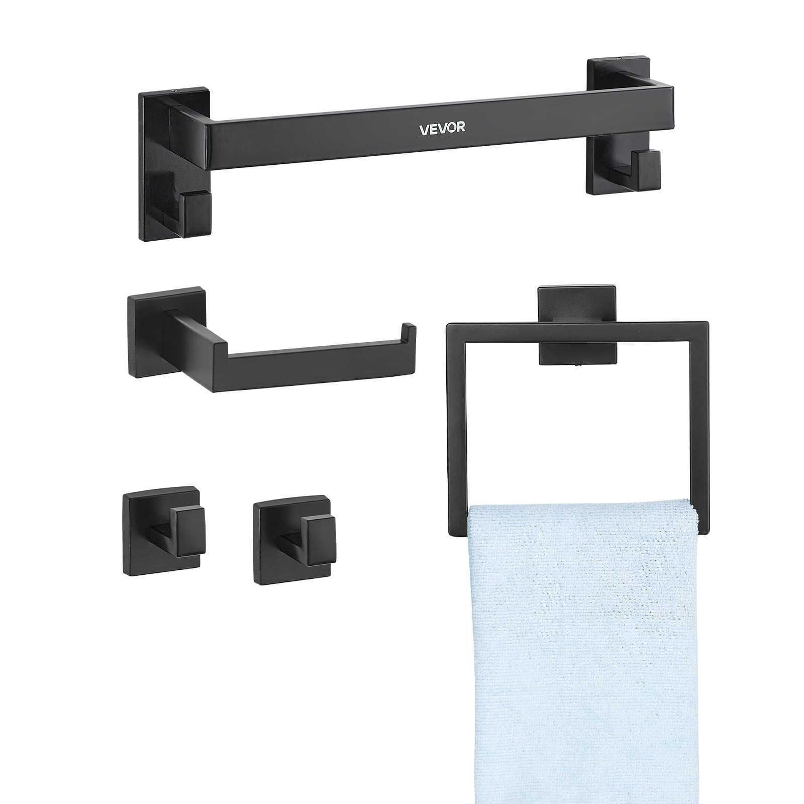 Juego de accesorios de baño, 5 piezas, negro mate, montaje en pared