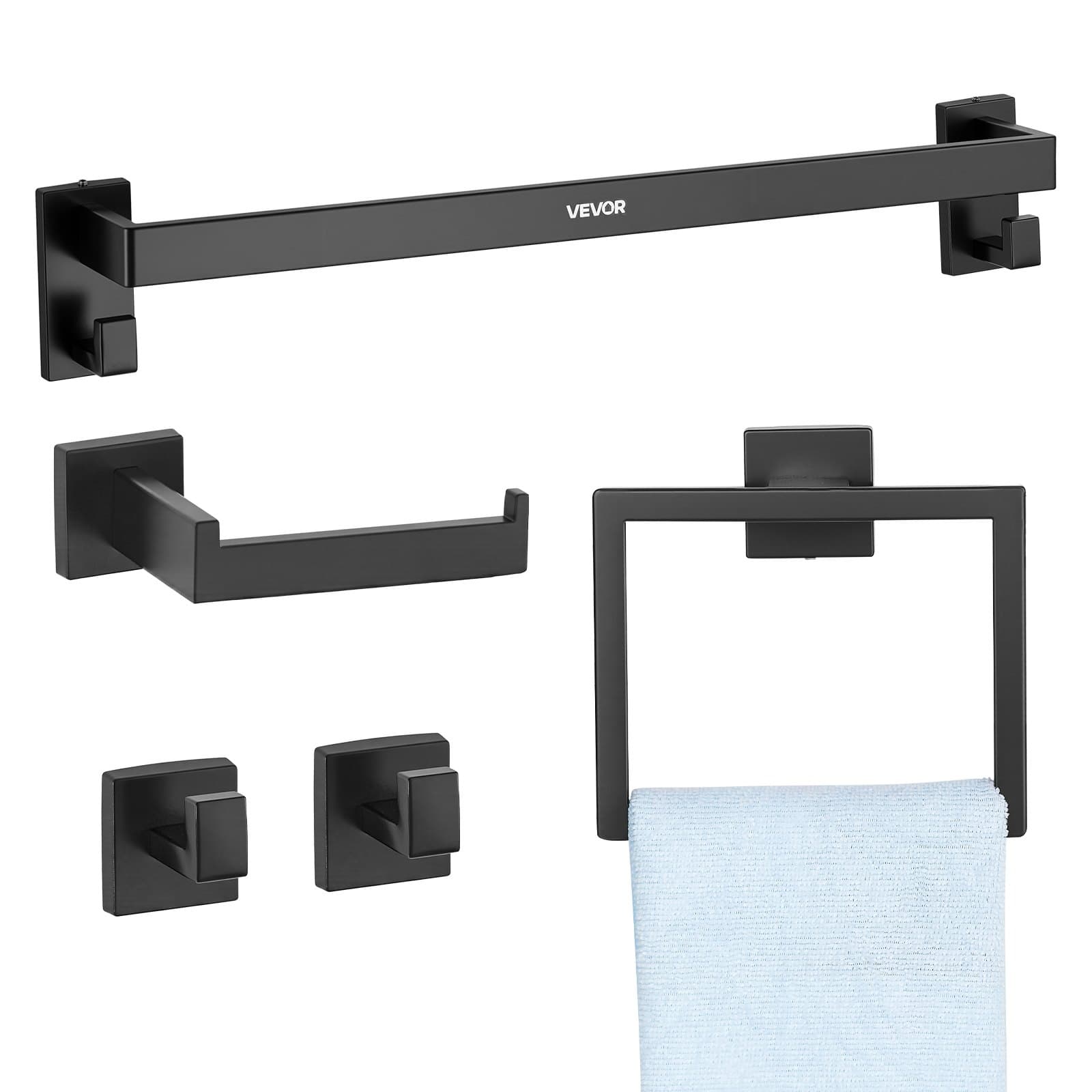 Juego de accesorios de ferretería para baño de acero inoxidable (5 piezas) que incluye barra para toallas y toallero (anillo cuadrado) y 2 Ha