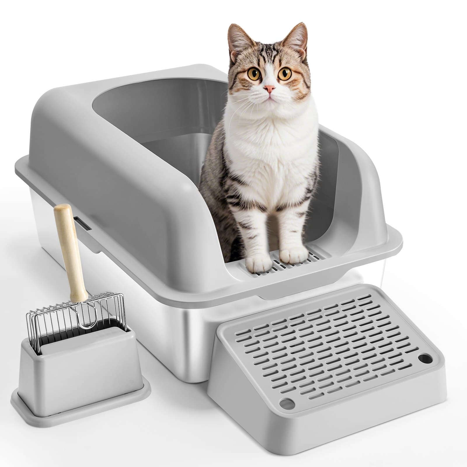XL Edelstahl Katzentoilette mit Schaufel und hohen Seiten