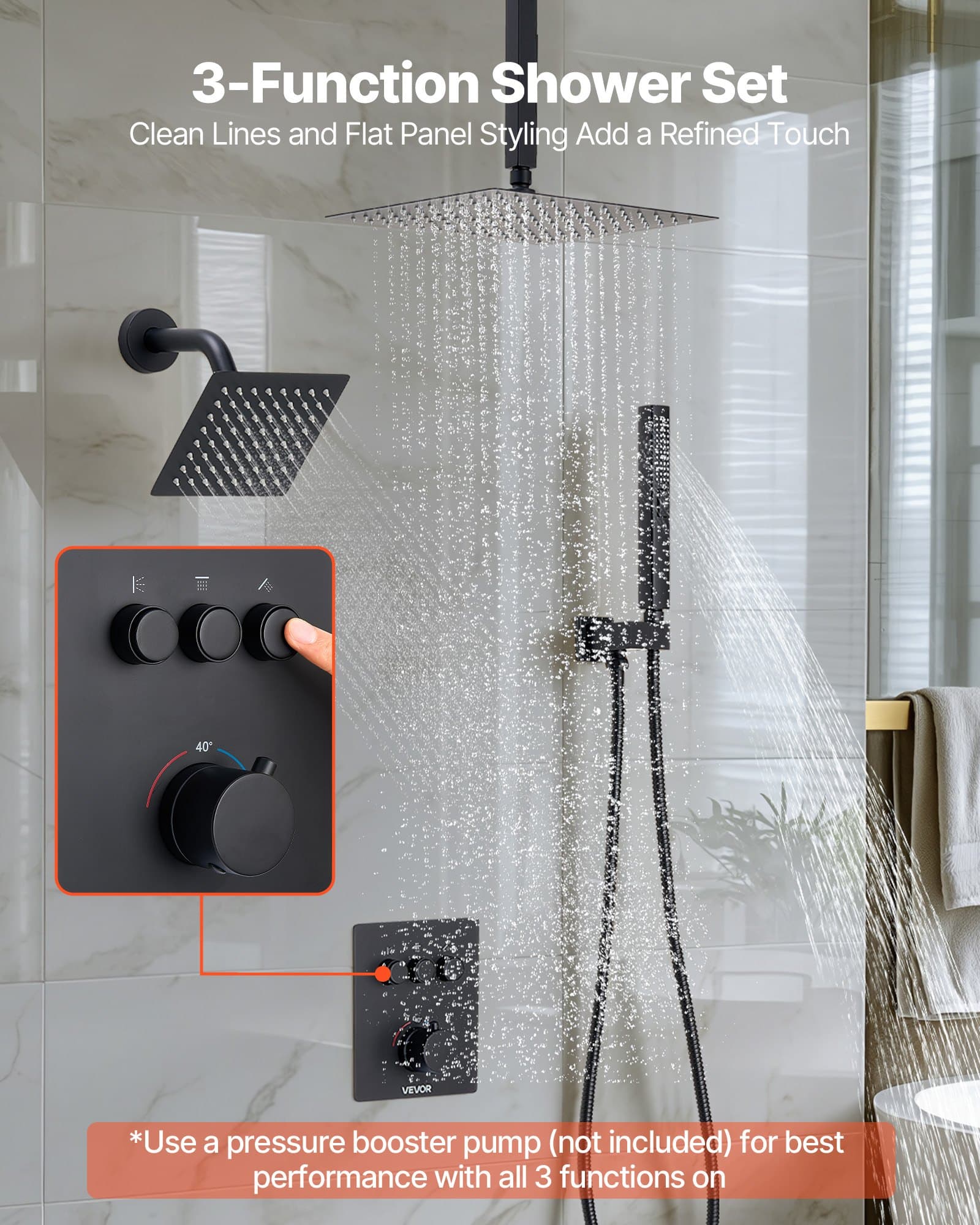 Set de ducha con rociador de lluvia de 12 pulgadas, negro mate