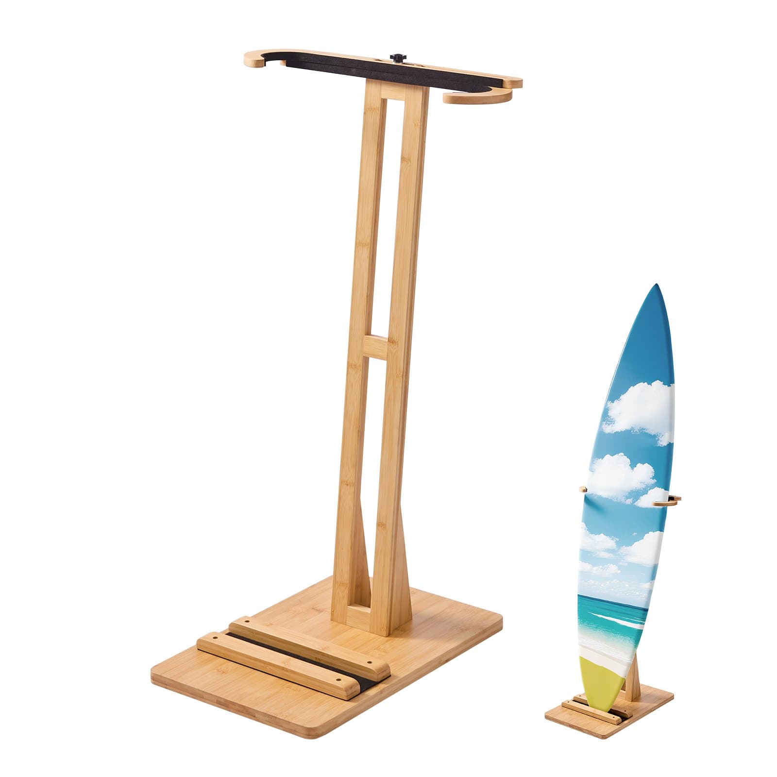 Soporte vertical para tabla de surf, estante para tablas de surf de madera para almacenamiento (ajustable 370-665 mm), soporte para tablas autónomo