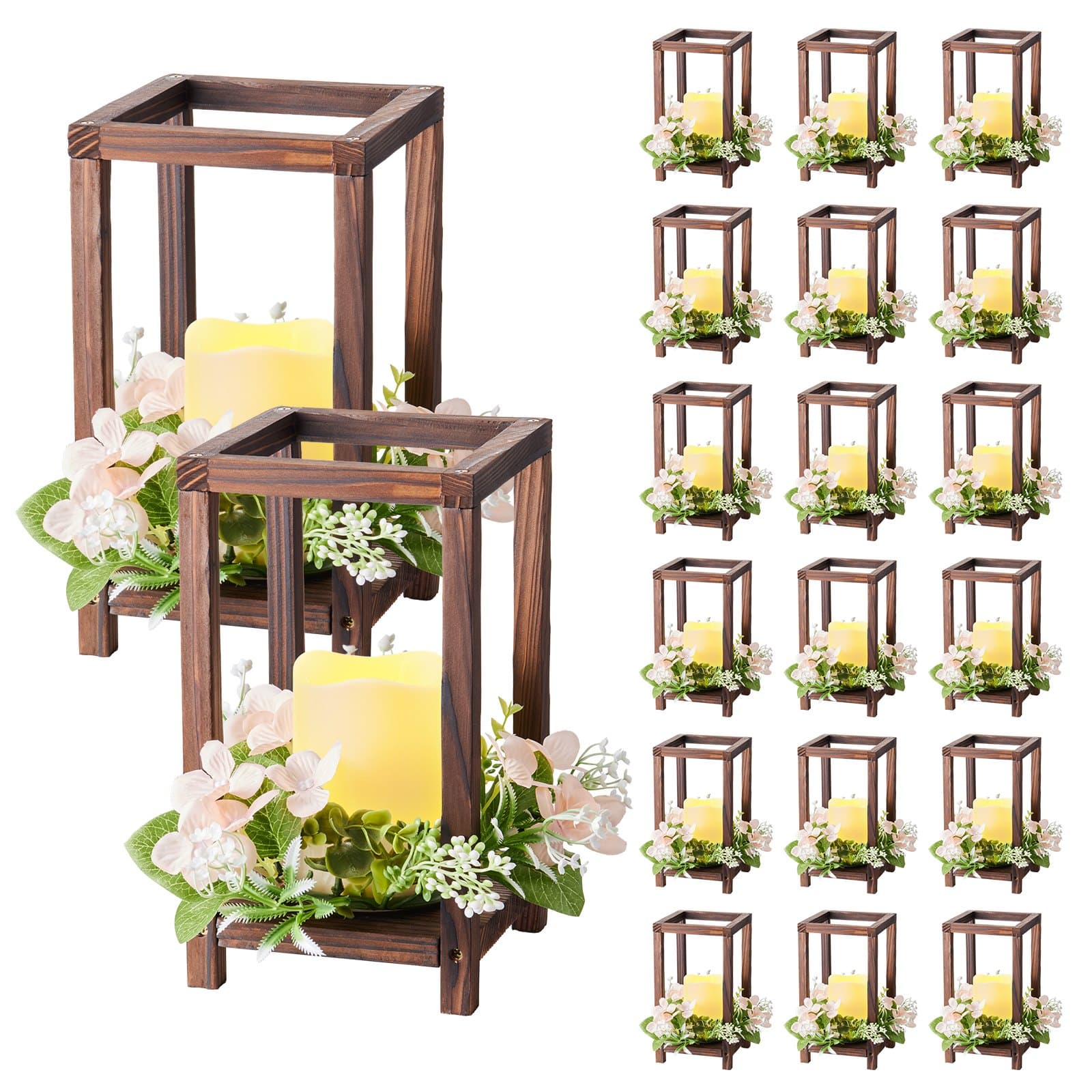 20er-Set Holzlaternen mit LED-Kerzen und Blumenkränzen
