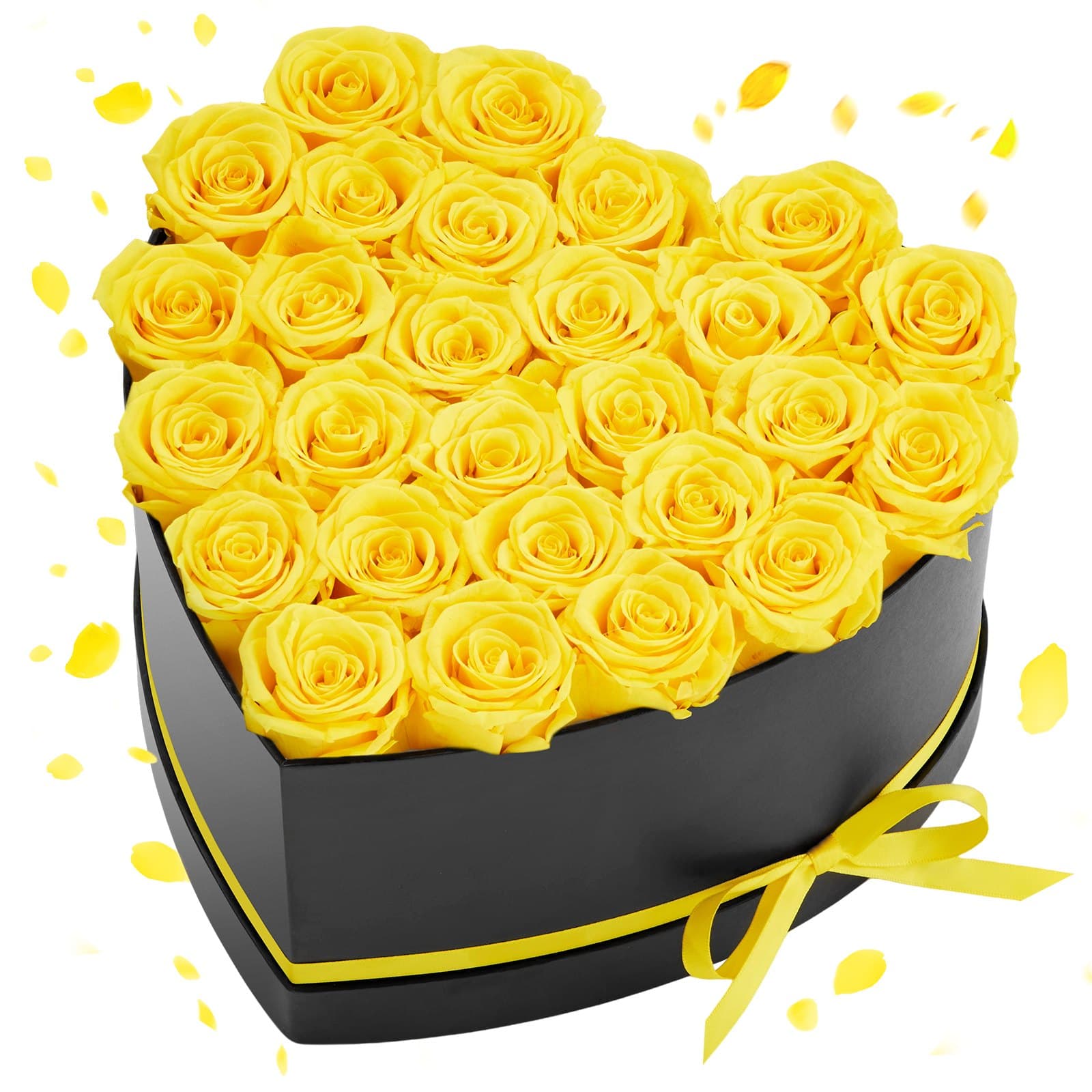 27 Stk. Ewige Rosen in Herzform Box, konservierter Blumenstrauß, Gelb