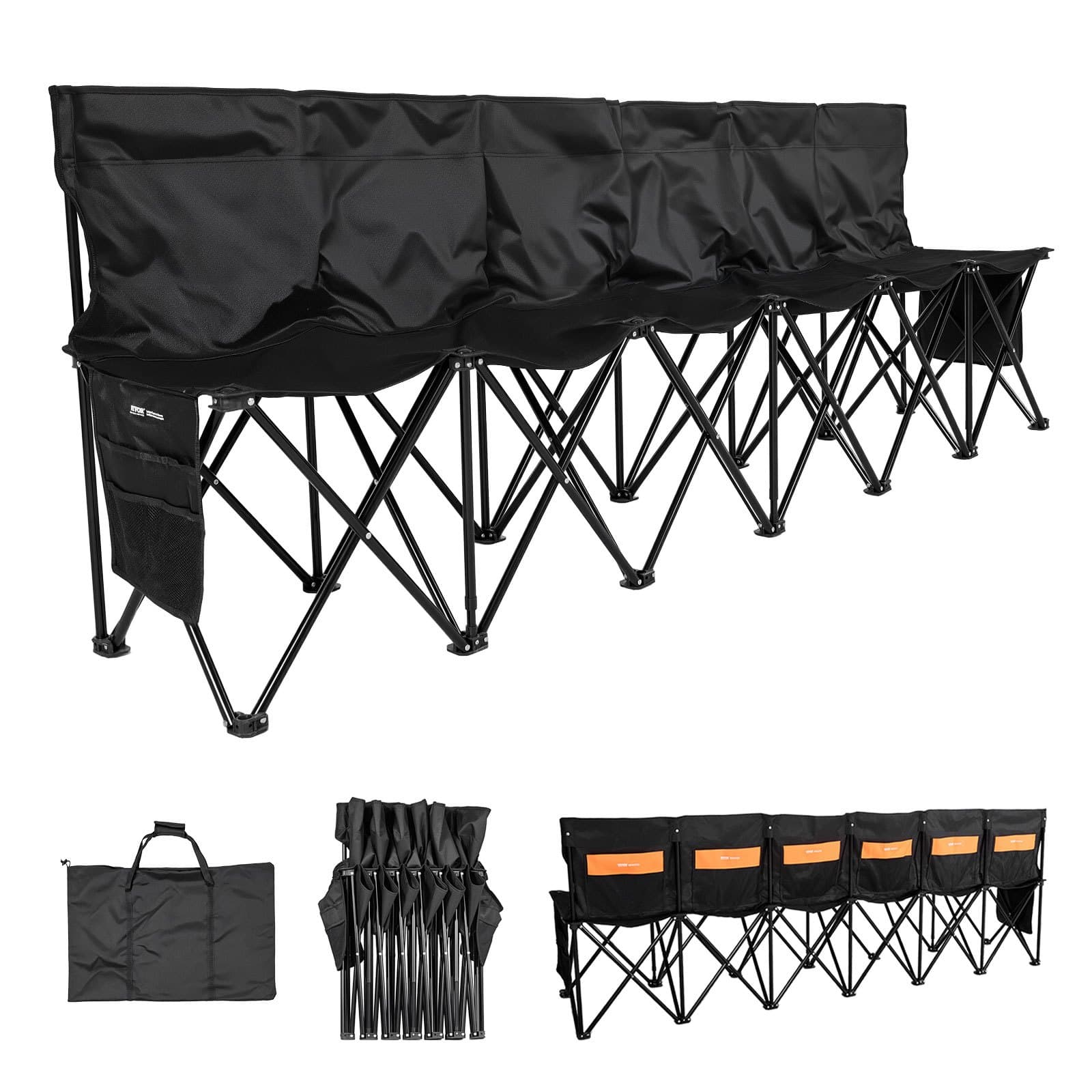 Banco de equipo portátil banco de camping (6 personas) con bolsillos laterales y bolsa de transporte y bolsillo trasero banco plegable con