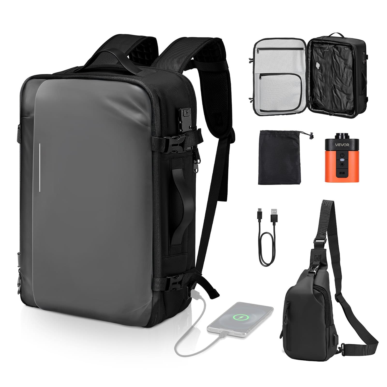 Vakuum-Reiserucksack 65 L mit Pumpe und USB-Anschluss