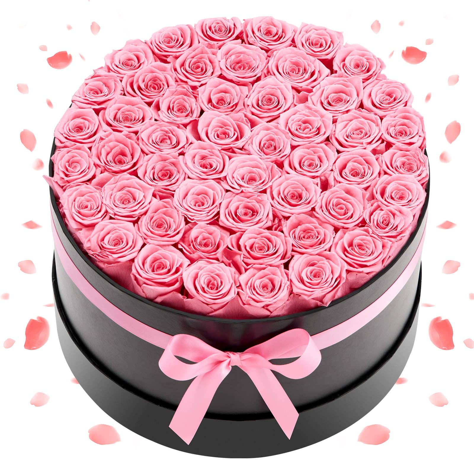50x Ewige Rosen in runder Box, konservierter Blumenstrauß, pink