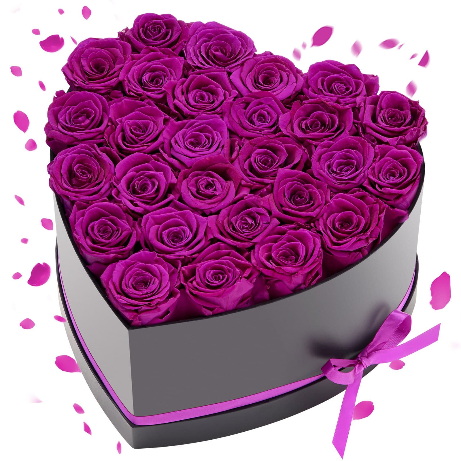 27x Ewige Rosen in Herzform Box, konservierter Blumenstrauß, dunkelviolett