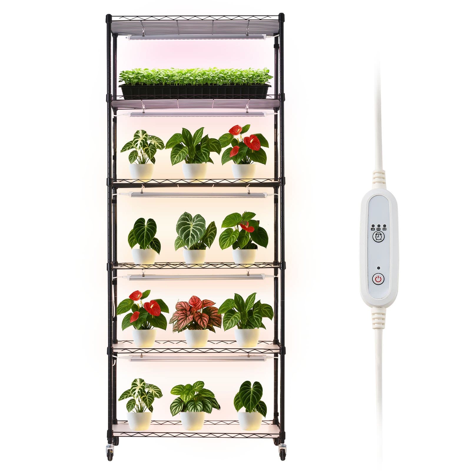 Scaffale per piante con luce da crescita, supporto per piante a 6 livelli con ruote e timer 4/9/14 ore, 150 W, spettro completo a 3 colori