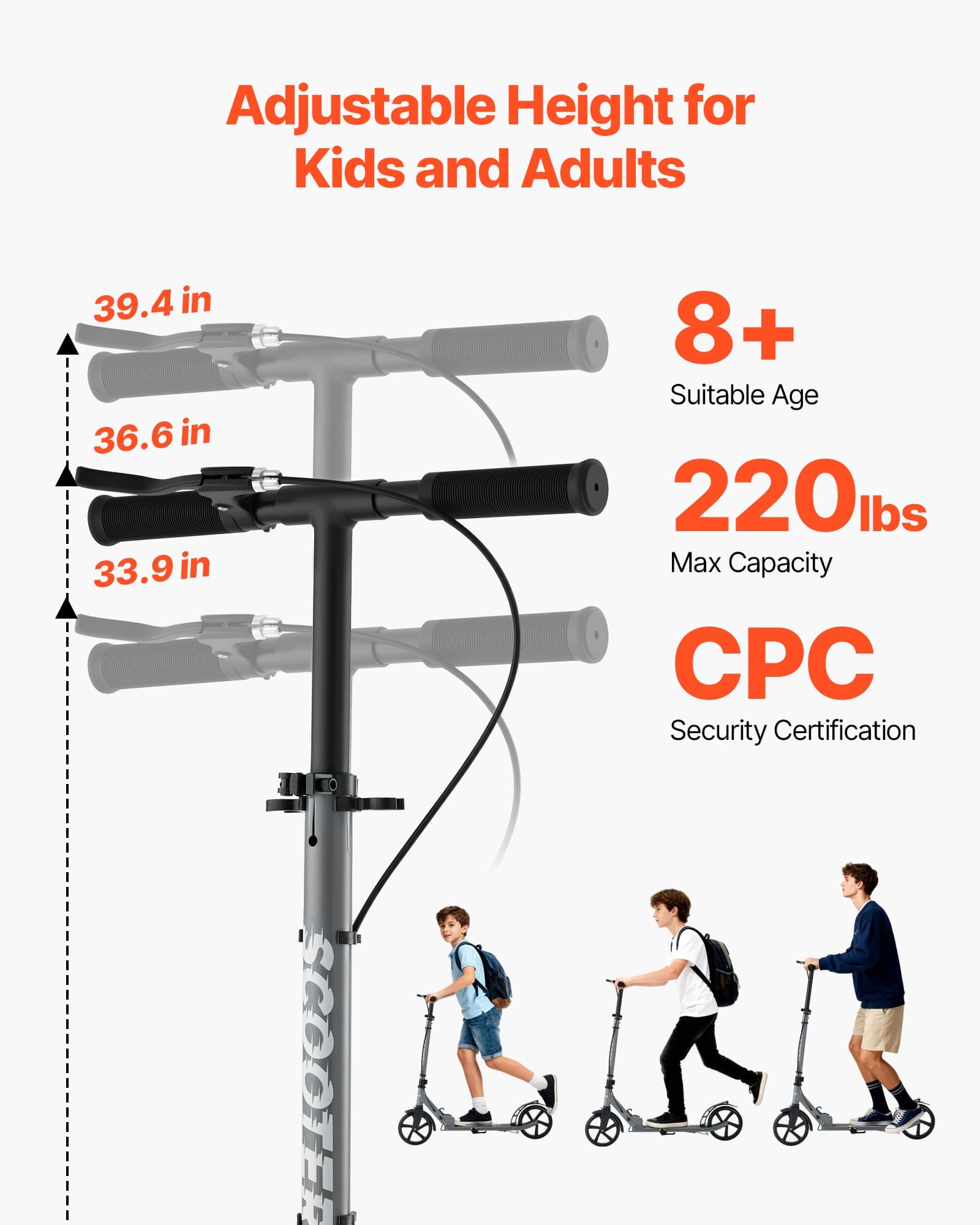 Patinete para niños a partir de 8 años, 2 ruedas, gris, plegable