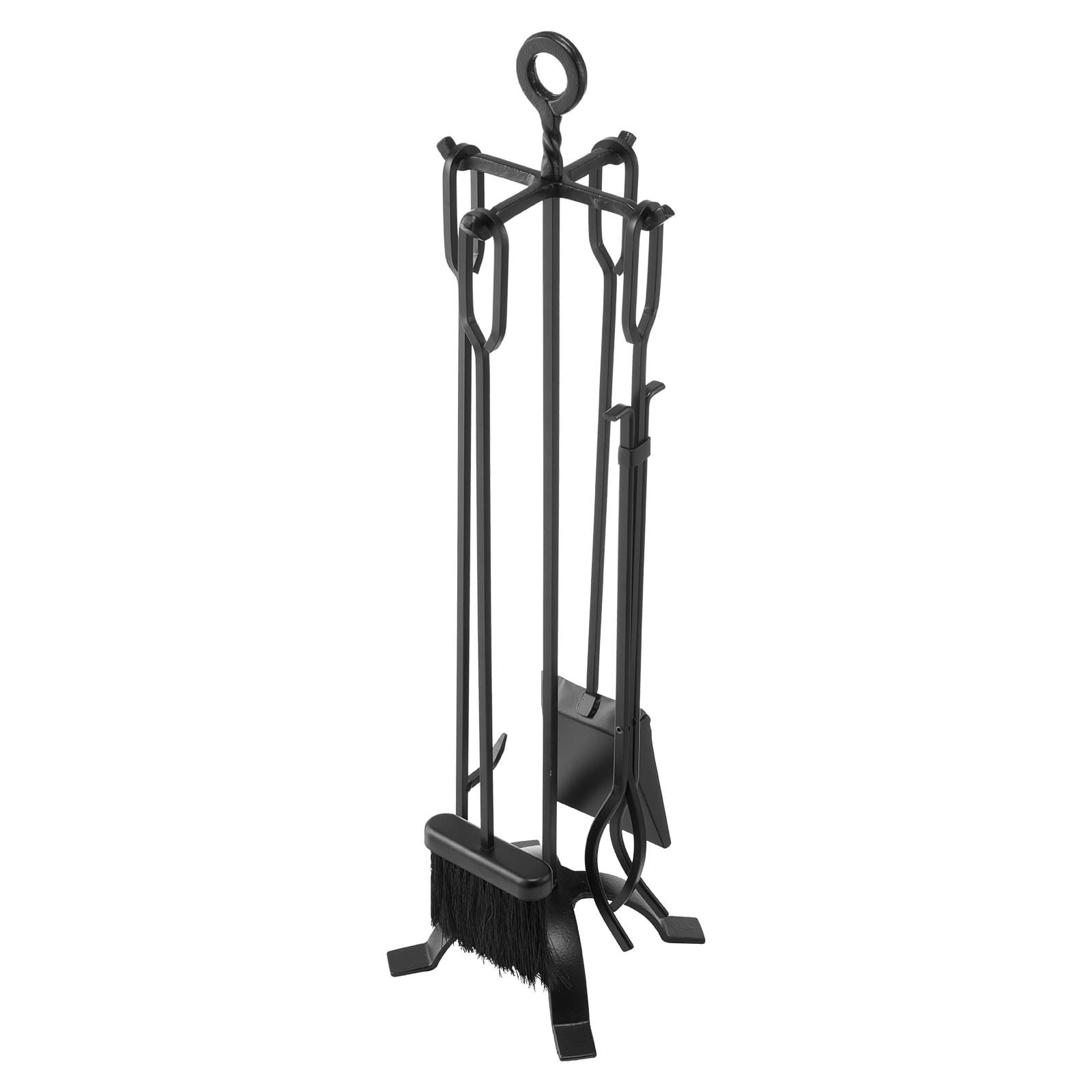 Kaminbesteck-Set, 5-teilig, mit vierzackigem Ständer, Schwarz