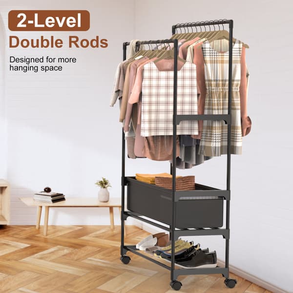 Scaffale portatile per vestiti a tre livelli per ingresso camera da letto, con doppia sbarra appendiabiti, portabagagli in ferro robusto con doppia sbarra di altezza regolabile e borsa di stoccaggio regolabile Locka