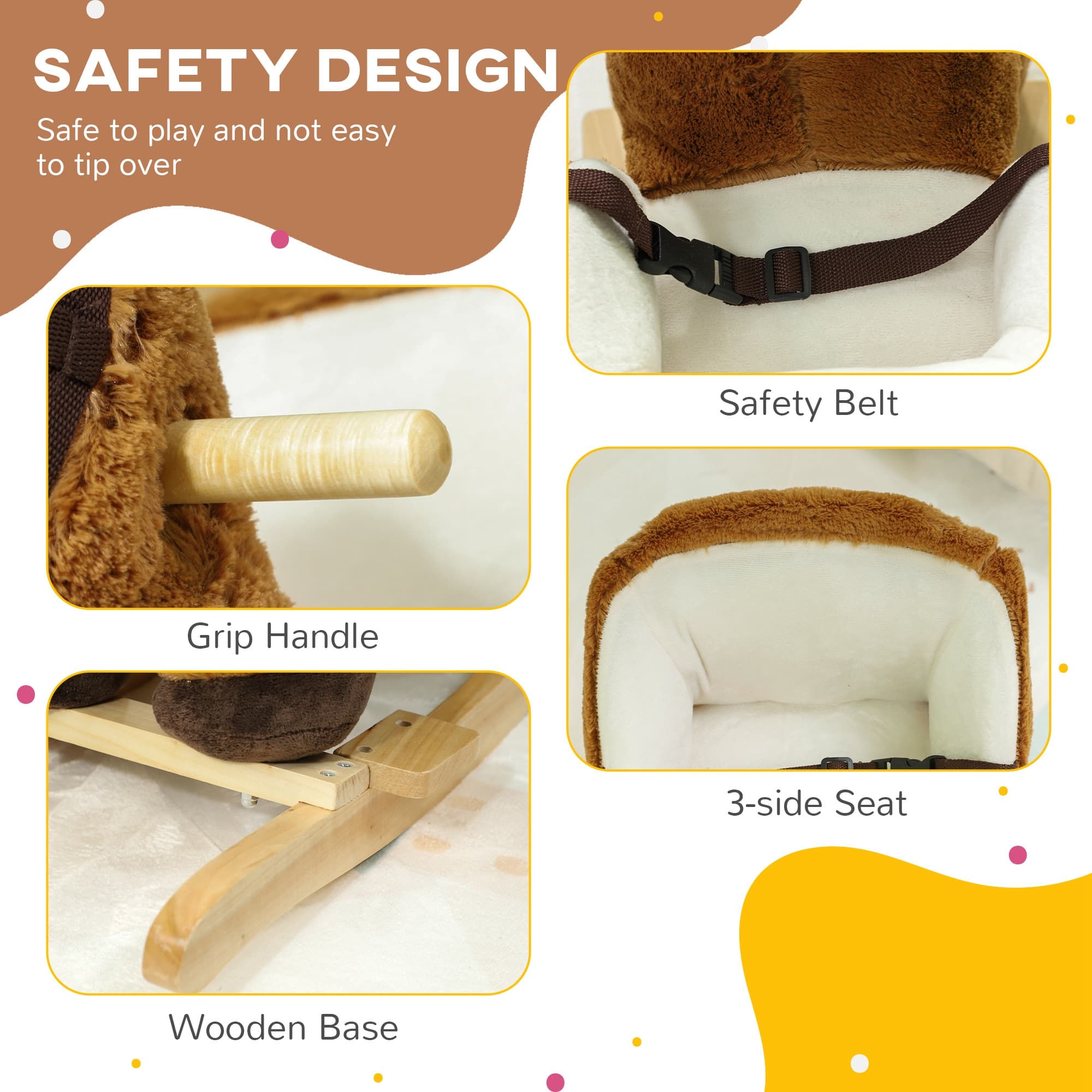 Holzschaukelpferd für Babys, Sound-Kindersitz mit Sicherheitsgurt für 18-36 Monate, braun