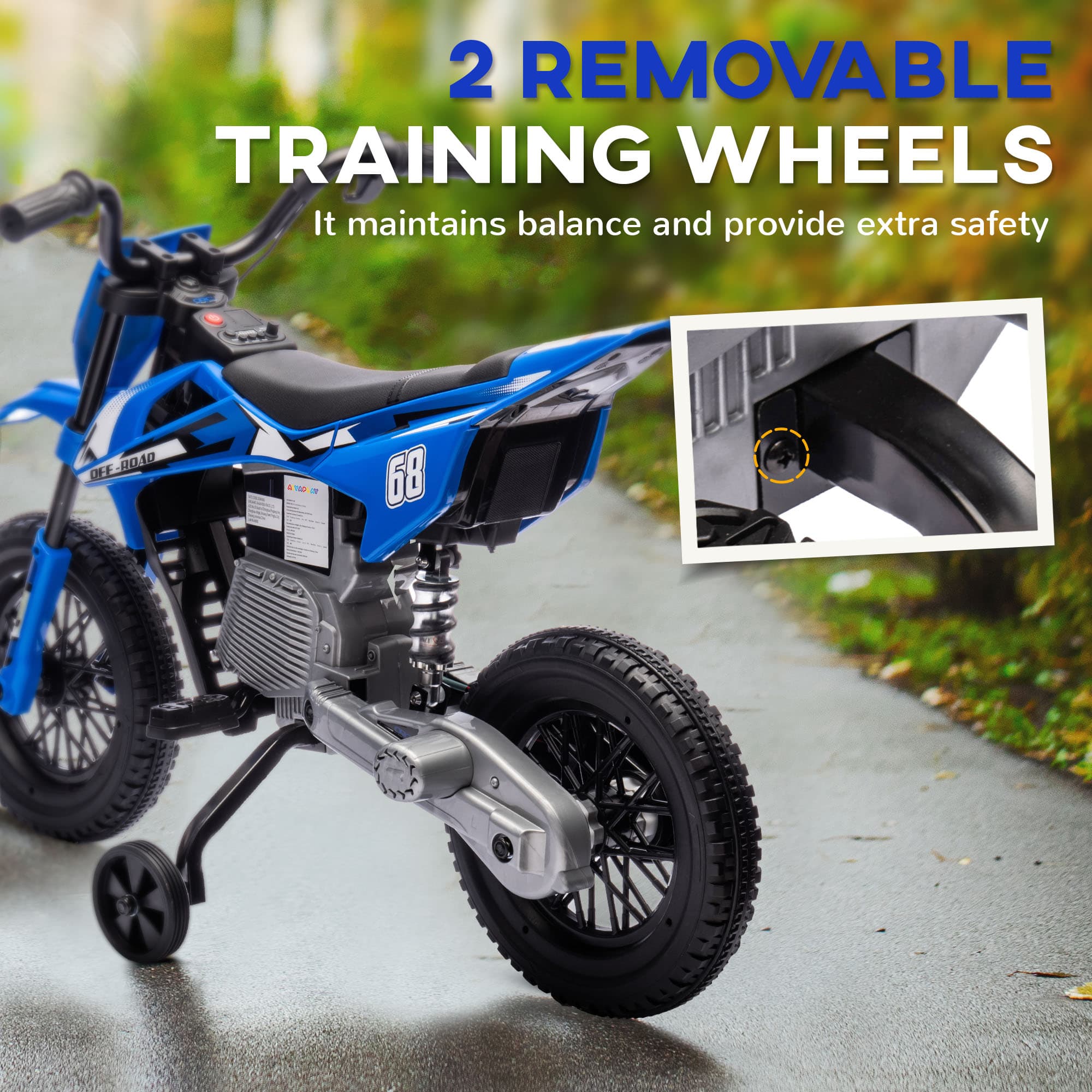 12V Kinder-Elektromotorrad mit Twist-Griff-Drosselklappe, Trainingsräder, Hinterradfederung & Musik, Blau