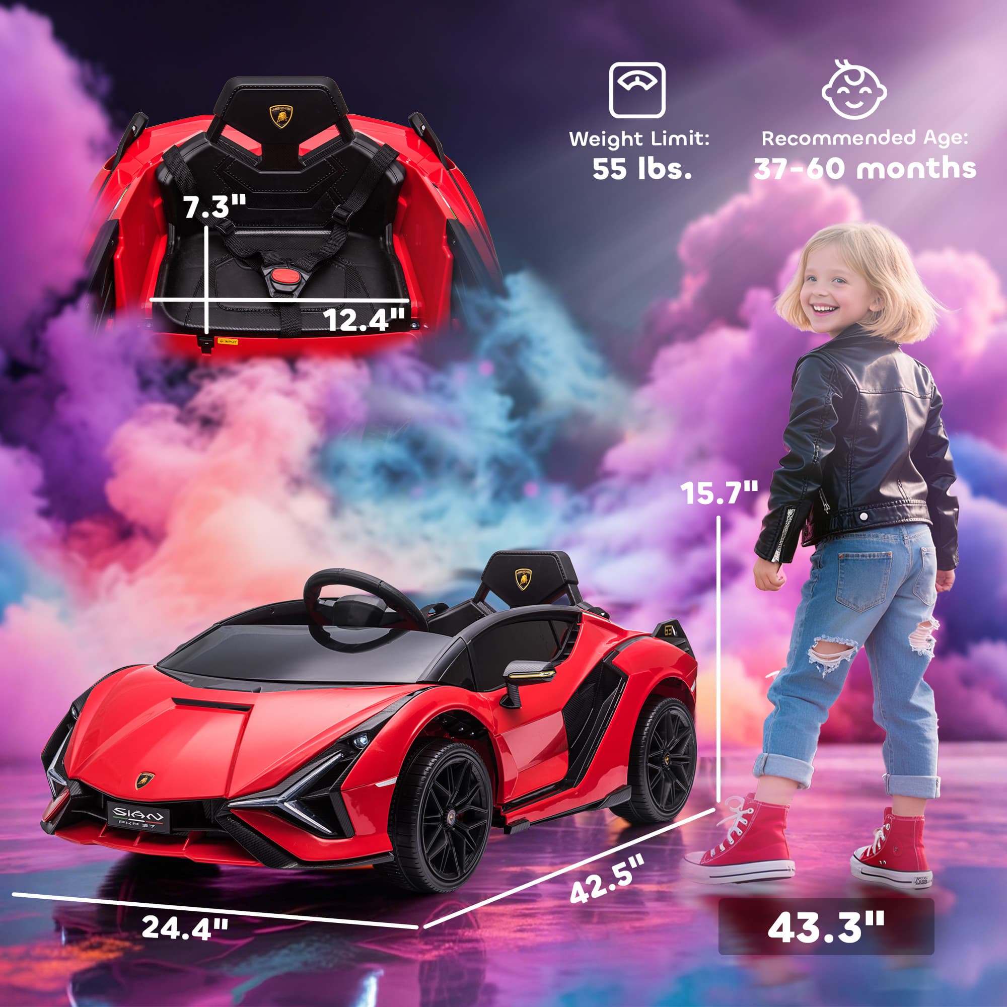 Voiture électrique Lamborghini SIAN officielle pour enfants avec télécommande, klaxon, musique et phares, rouge