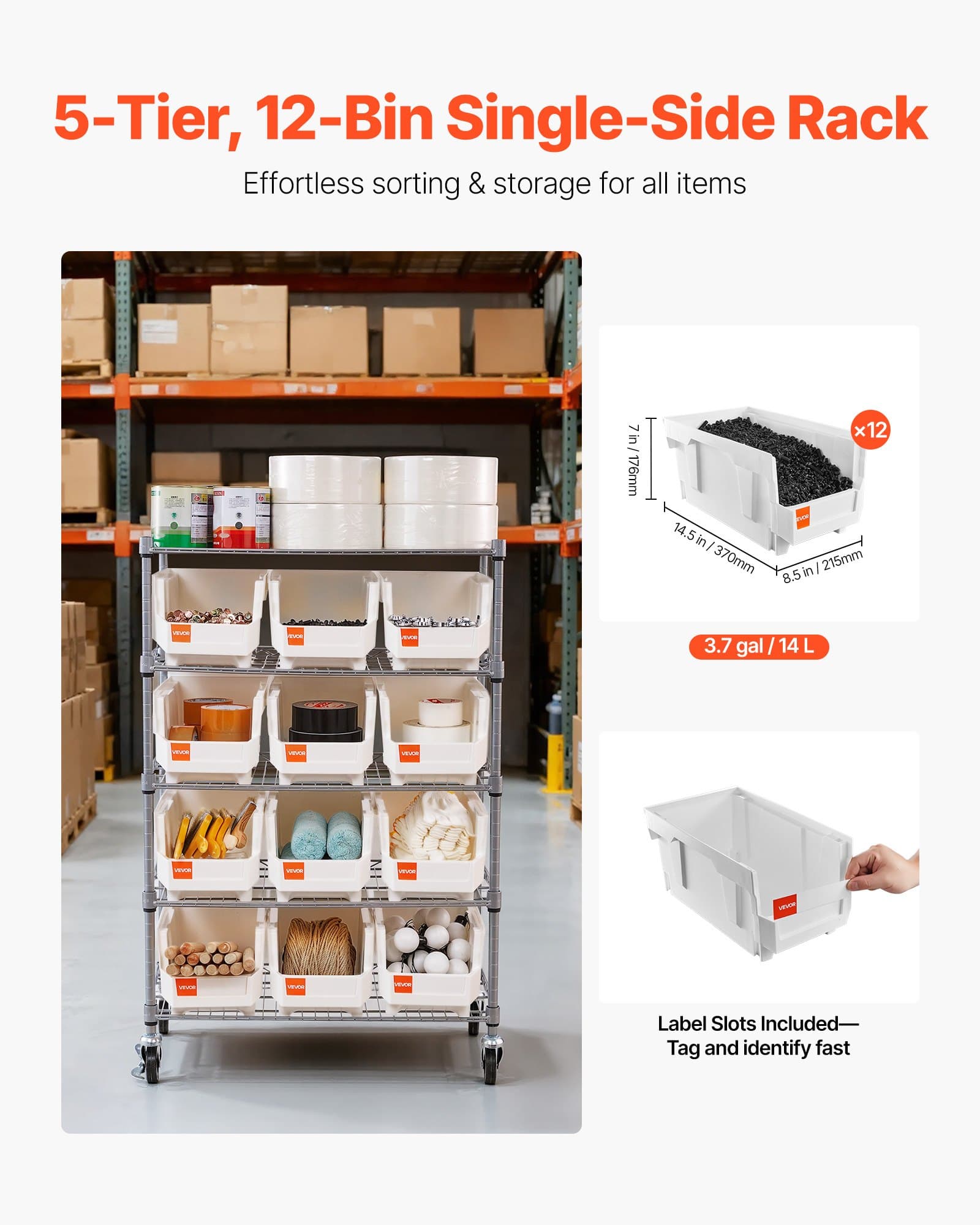 5-Tier Rolling Cart with 12 Organizer Bins