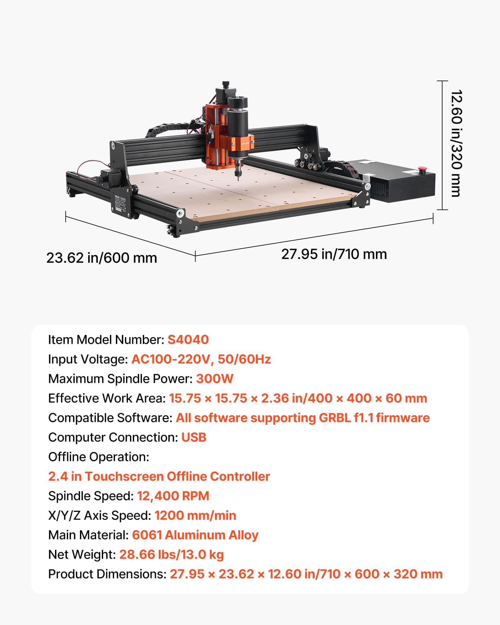 CNC Router Machine, 300W Spindle, 3-Axis Wood Engraving Milling Machine, With 15.75 X 15.75 X 2.36 In Working Area, Offline Controller, Aluminum Alloy